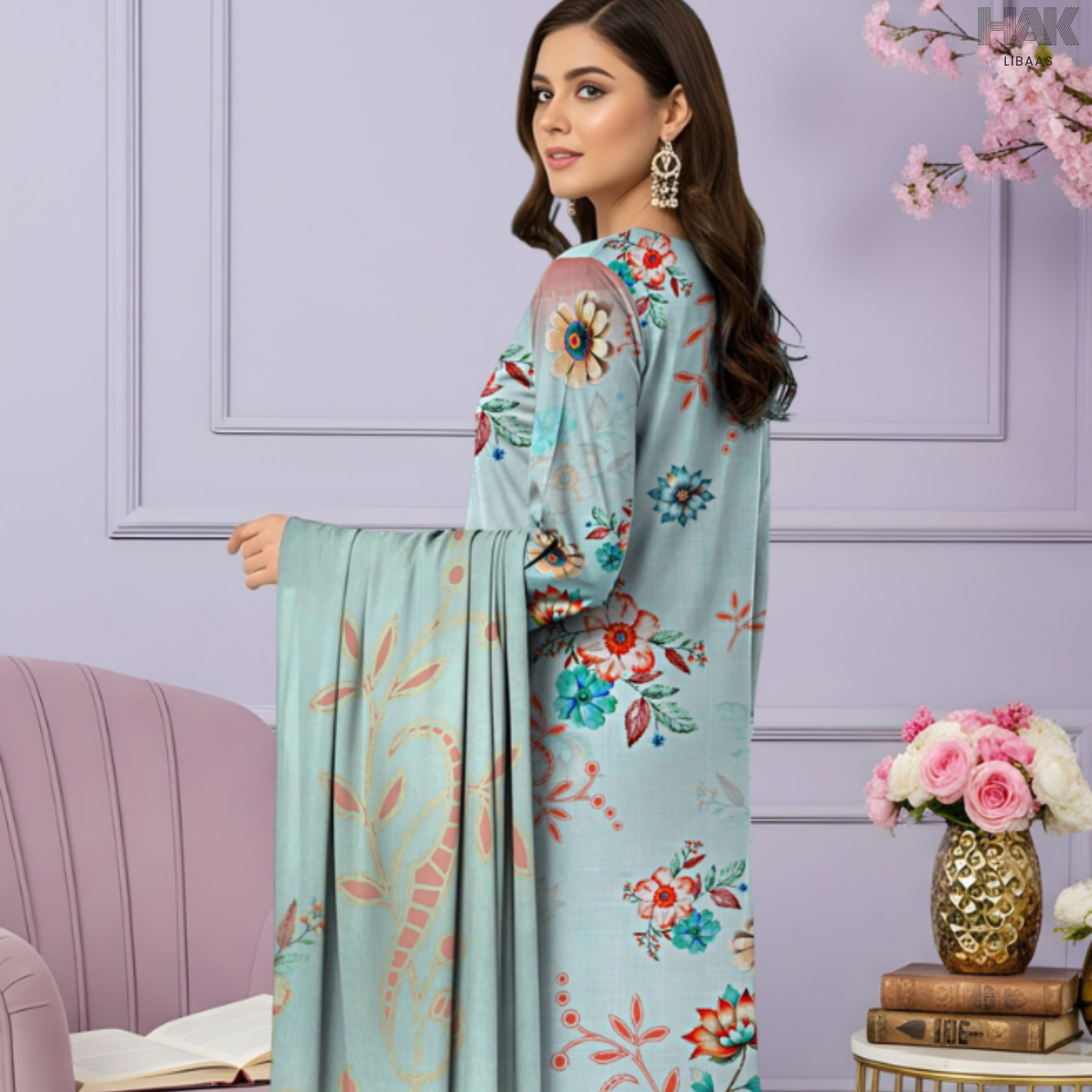 HAK Libaas Cross Slub Lawn Suit with Bamber Chiffon Dupatta HK-238F Pakistan
