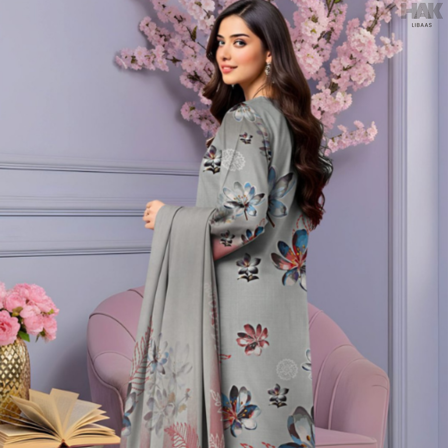 HAK Libaas Cross Slub Lawn Suit with Bamber Chiffon Dupatta HK-238H Pakistan
