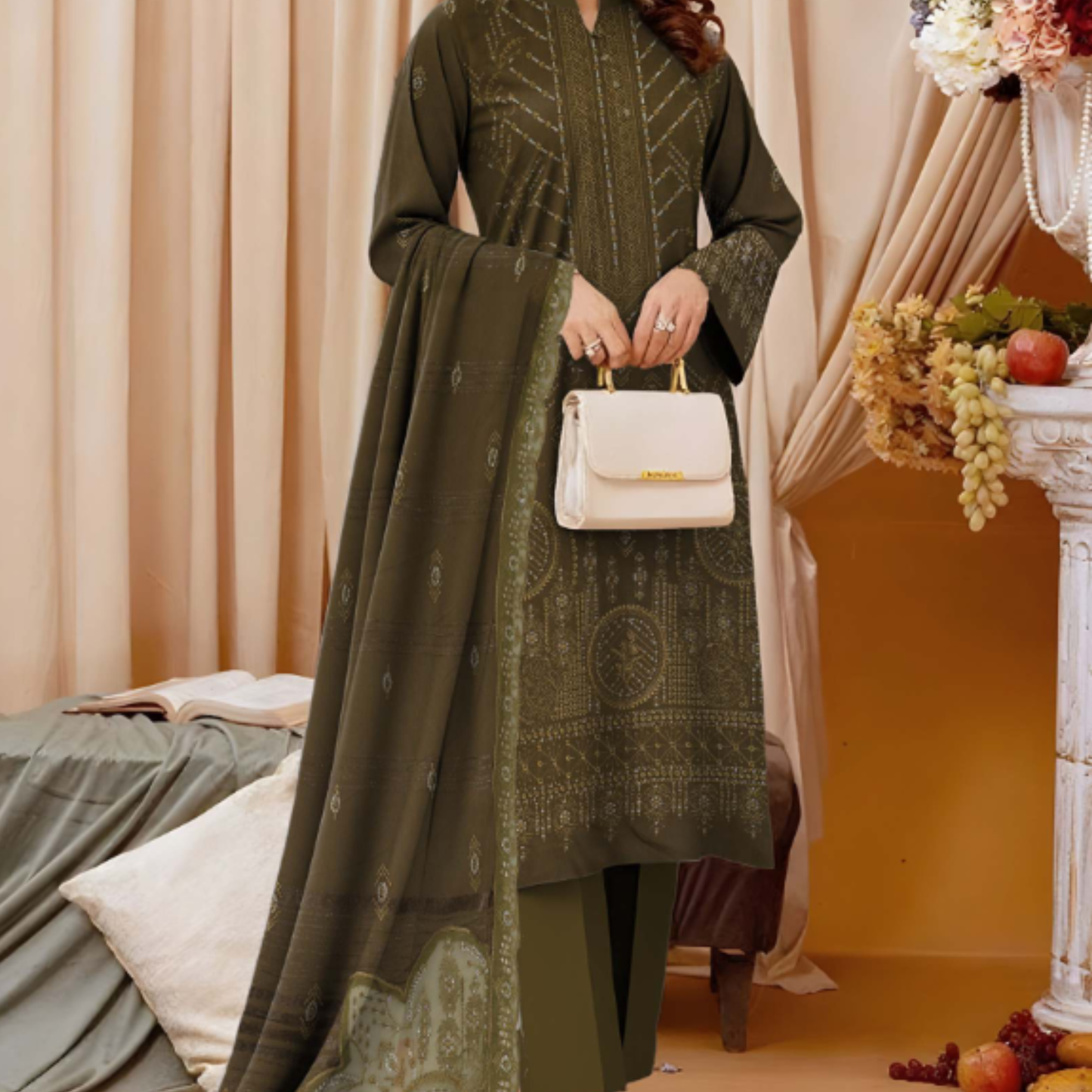 3-piece Dhanak suit with shirt, shawl & trouser by HAK Libaas