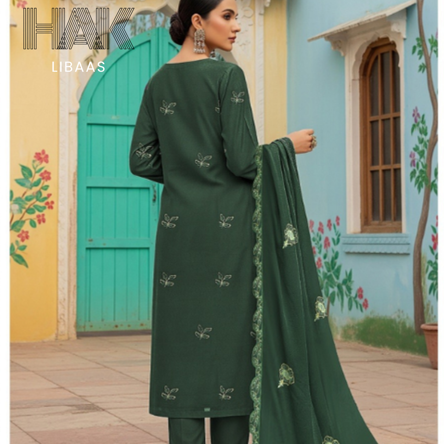 Peach Dhanak Embroidered 3 Piece Suit with Sequence & Laser Cut Lace by HAK Libaas - HF-206B