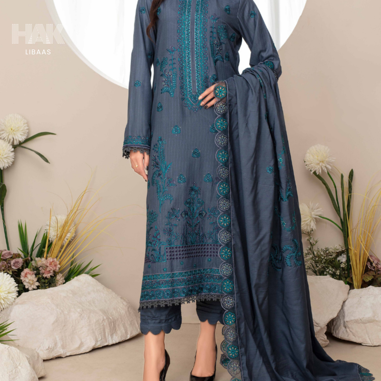 Airjet Doria Dhanak Embroidered Shirt with Luxury Coil Shawl – HAK Libaas HK-227D