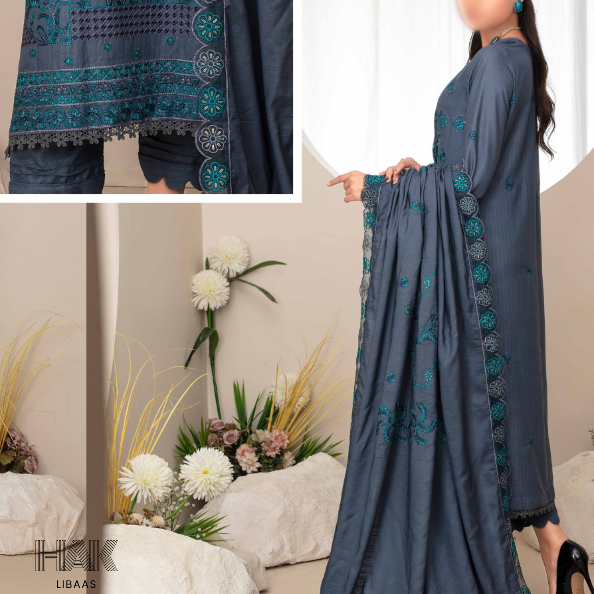 Airjet Doria Dhanak Embroidered Shirt with Luxury Coil Shawl – HAK Libaas HK-227D