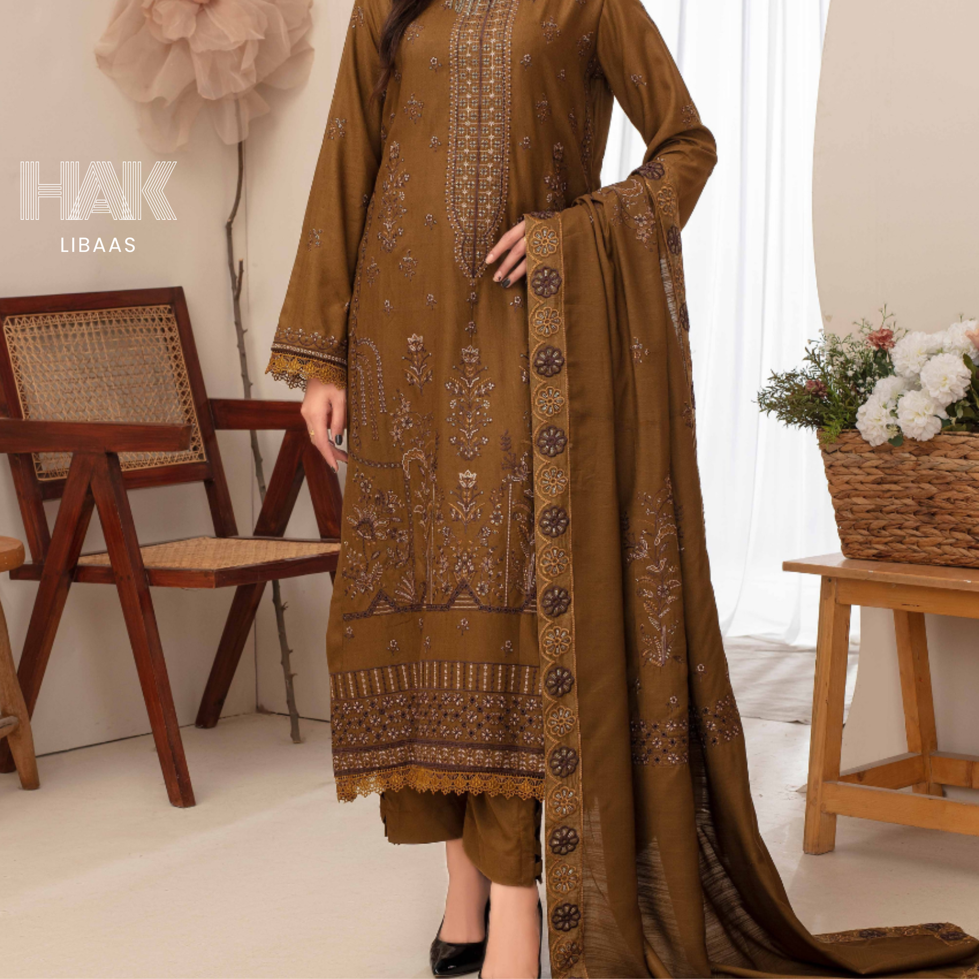 Airjet Doria Dhanak Embroidered Shirt with Luxury Coil Shawl – HAK Libaas HK-227H