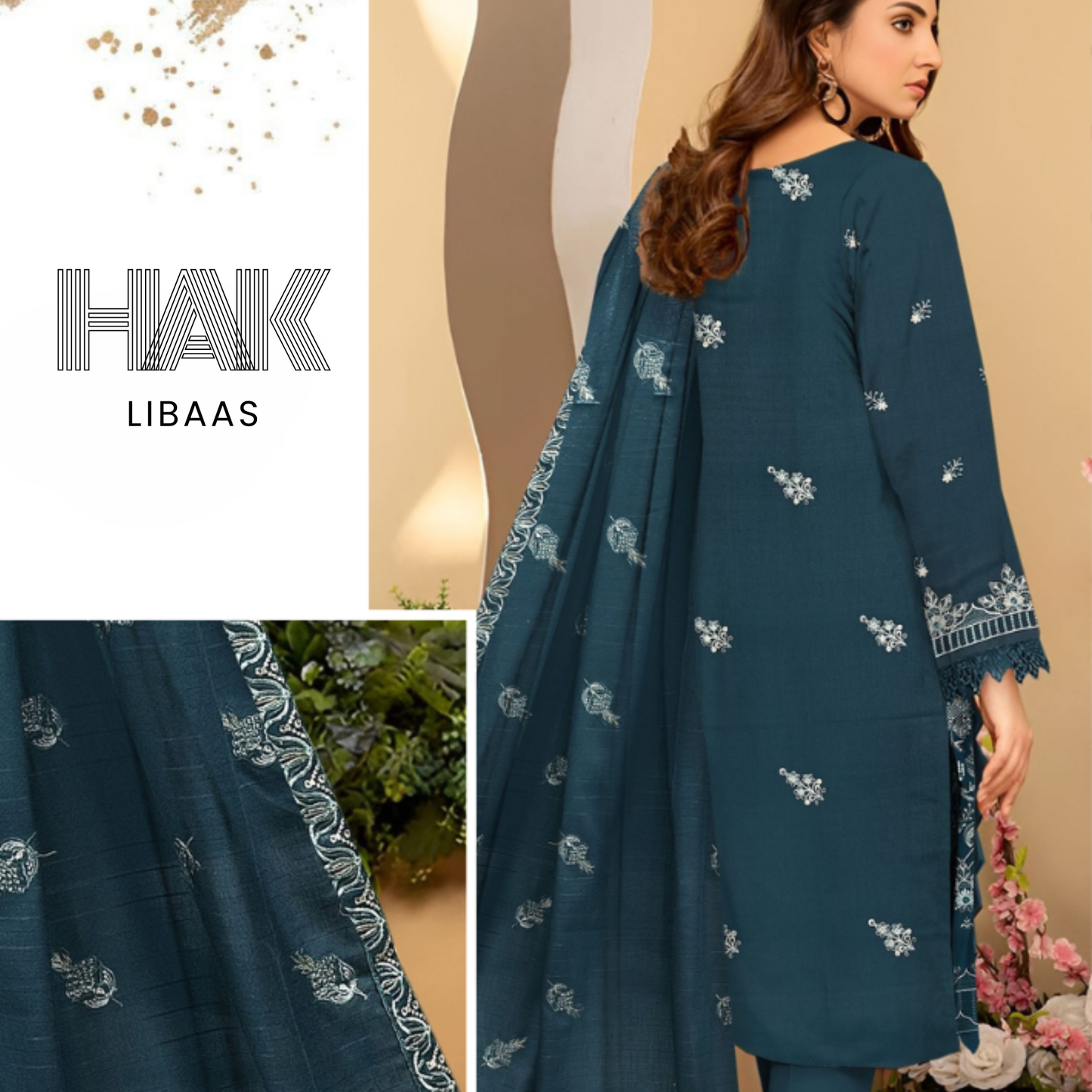 HAK Libaas DF-207H Dhanak Bana Dora Sequence Embroidered 3 Piece Suit – Front, Back, Dupatta & Trouser