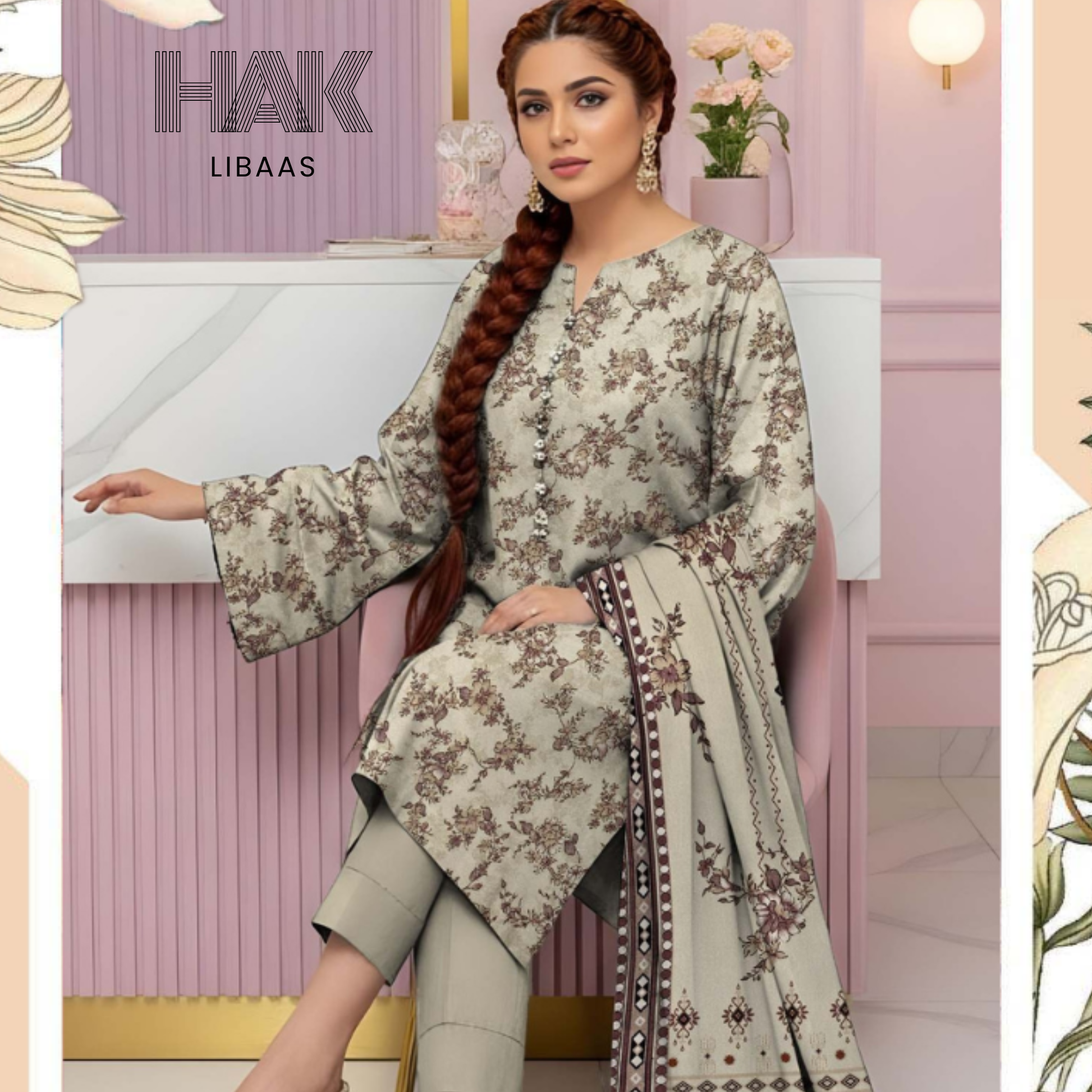 HAK Libaas HK-229H Digital Print Karandi 3 Piece Suit for Women