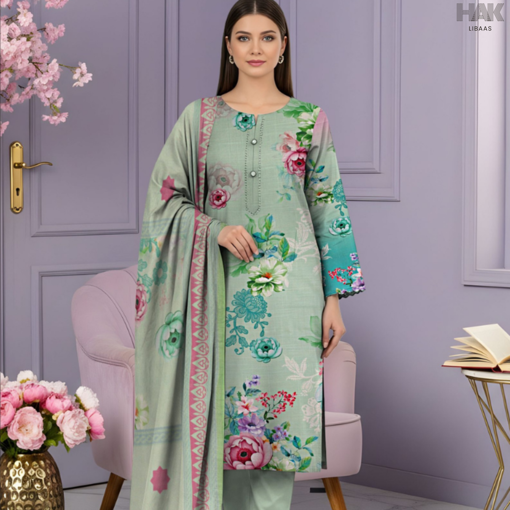 HAK Libaas Cross Slub Lawn Suit with Bamber Chiffon Dupatta HK-238A Pakistan