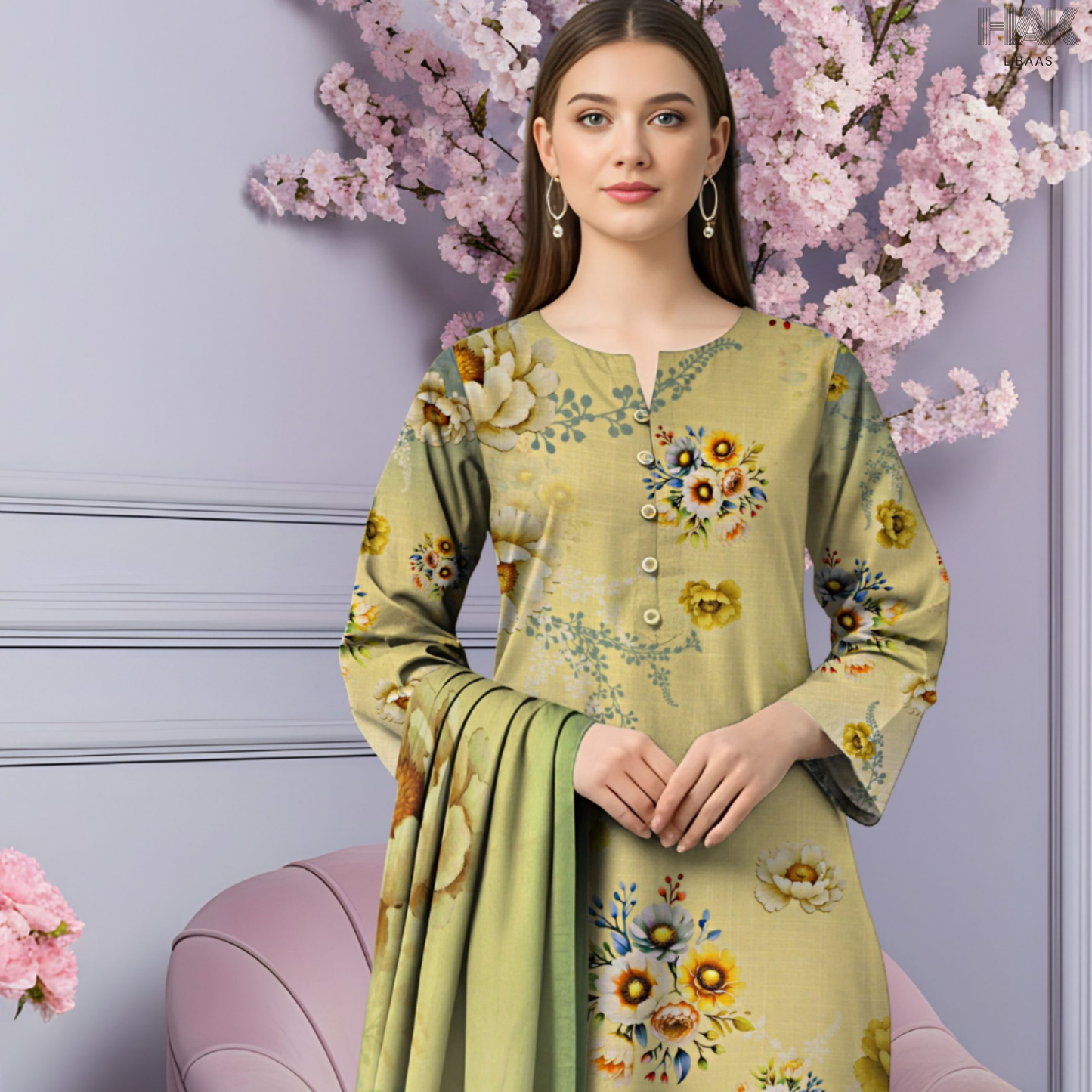 HAK Libaas Cross Slub Lawn Suit with Bamber Chiffon Dupatta HK-238B Pakistan