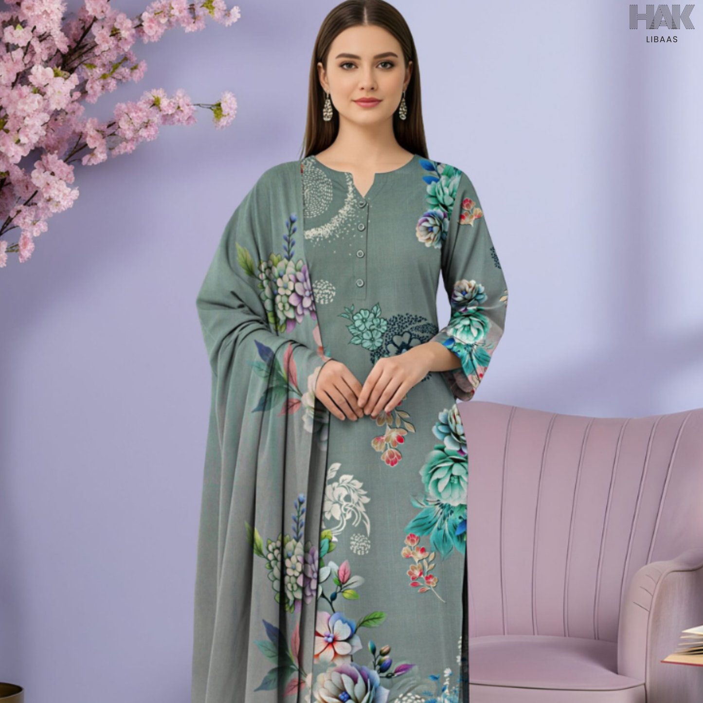 HAK Libaas Cross Slub Lawn Suit with Bamber Chiffon Dupatta HK-238C Pakistan