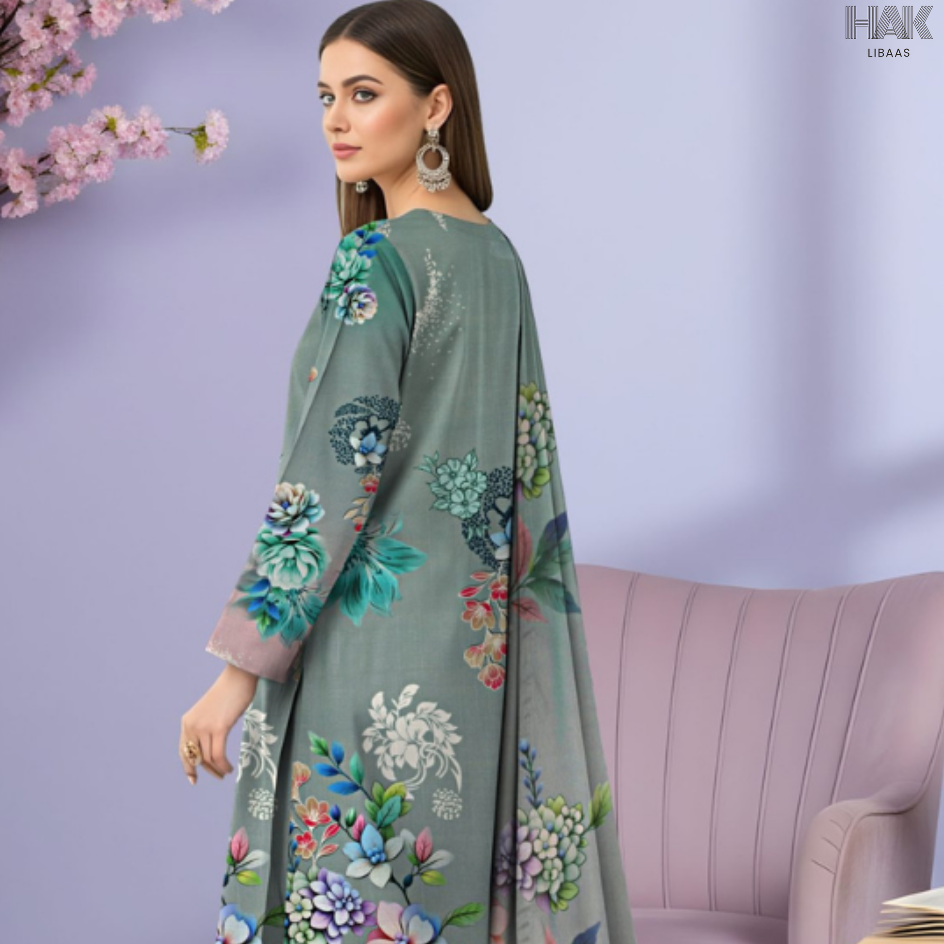 HAK Libaas Cross Slub Lawn Suit with Bamber Chiffon Dupatta HK-238C Pakistan