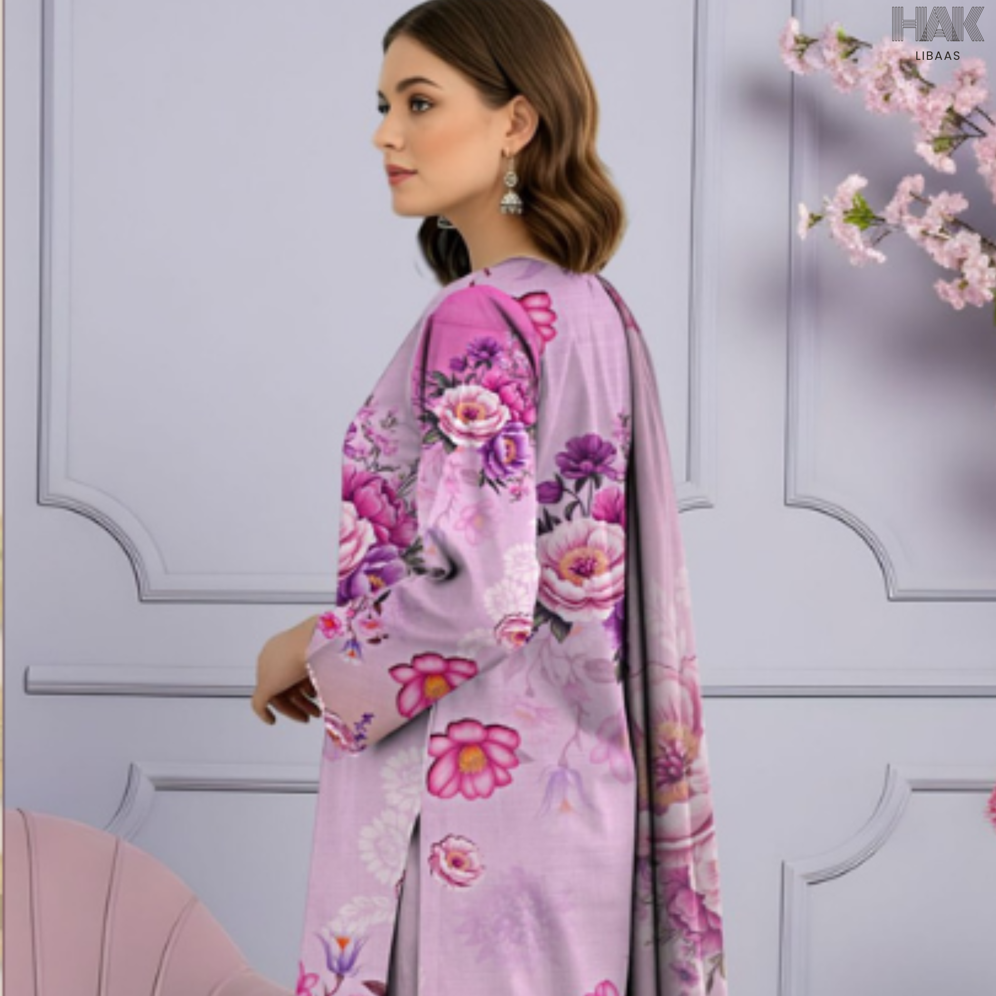 HAK Libaas Cross Slub Lawn Suit with Bamber Chiffon Dupatta HK-238D Pakistan