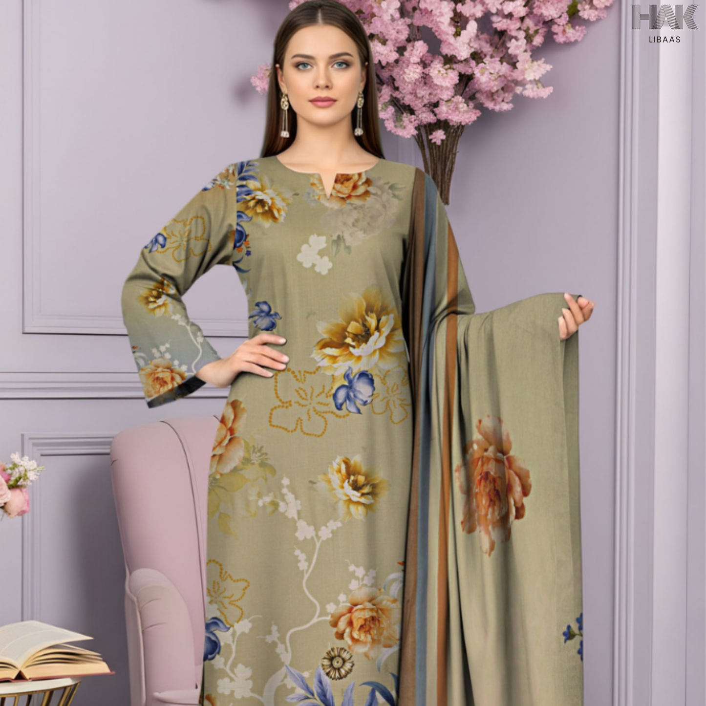 HAK Libaas Cross Slub Lawn Suit with Bamber Chiffon Dupatta HK-238E Pakistan