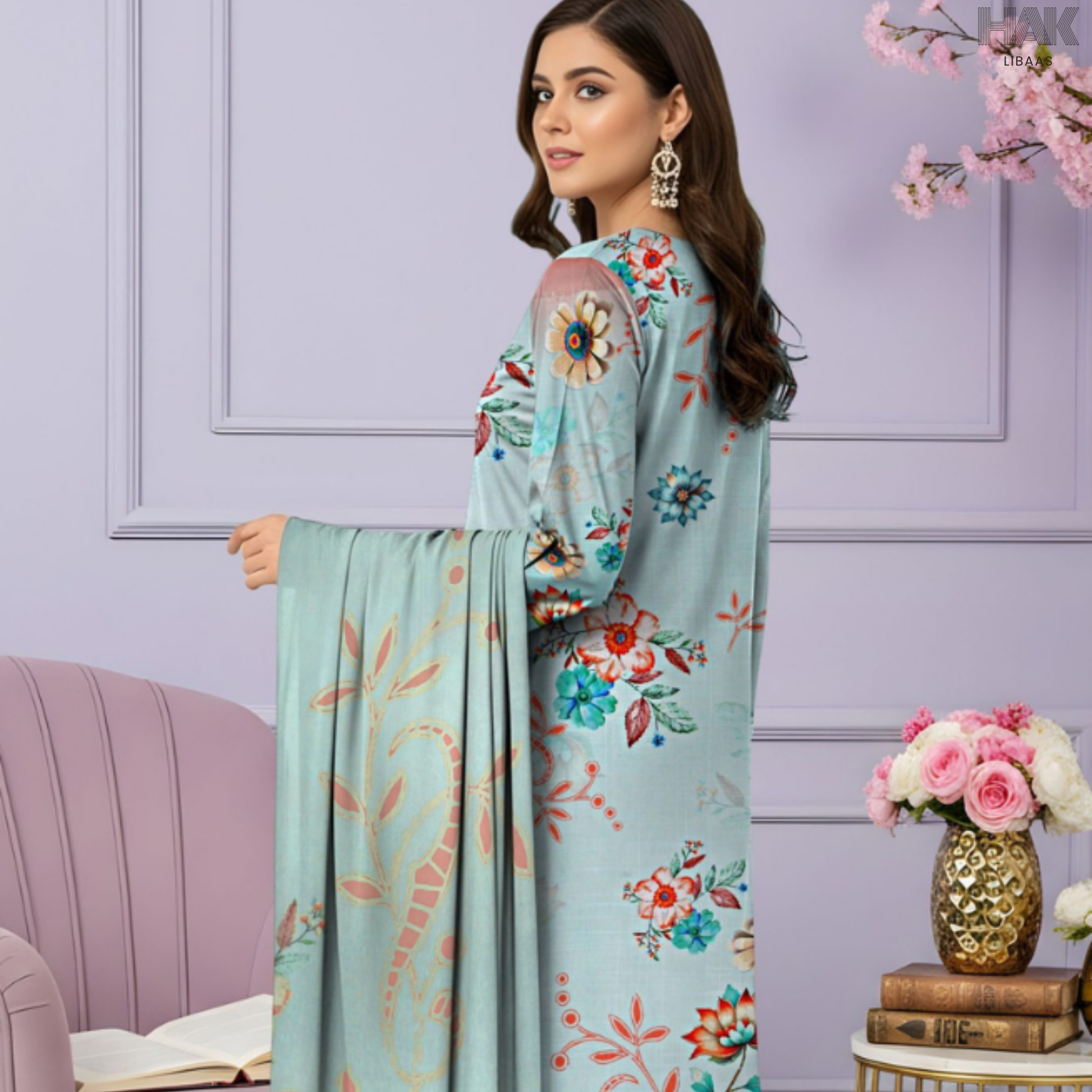 HAK Libaas Cross Slub Lawn Suit with Bamber Chiffon Dupatta HK-238F Pakistan