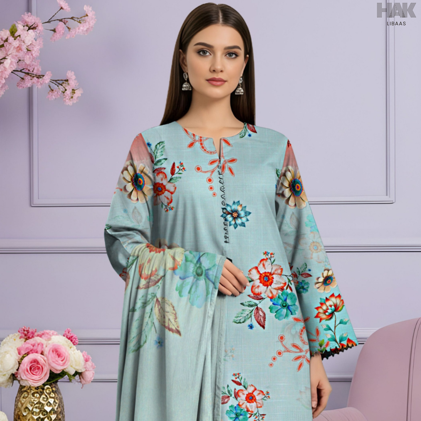 HAK Libaas Cross Slub Lawn Suit with Bamber Chiffon Dupatta HK-238F Pakistan