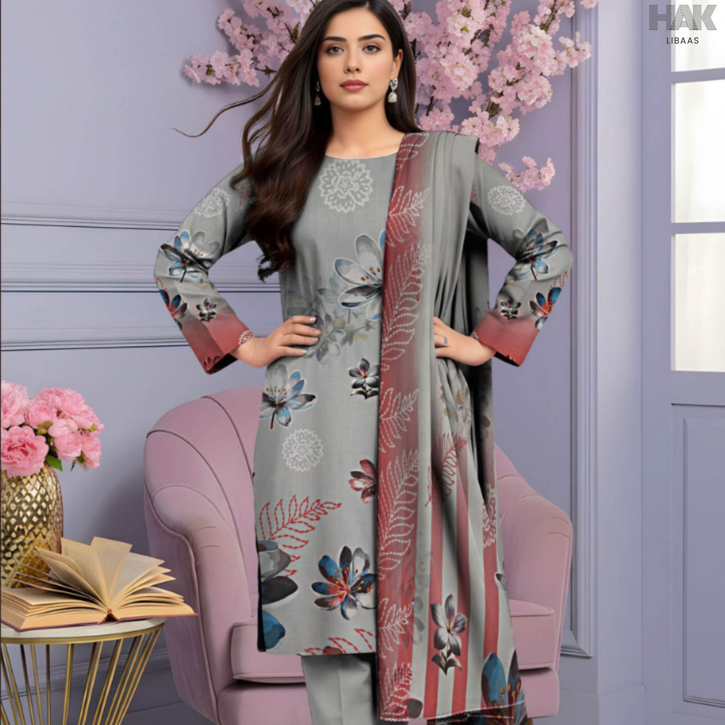 HAK Libaas Cross Slub Lawn Suit with Bamber Chiffon Dupatta HK-238H Pakistan