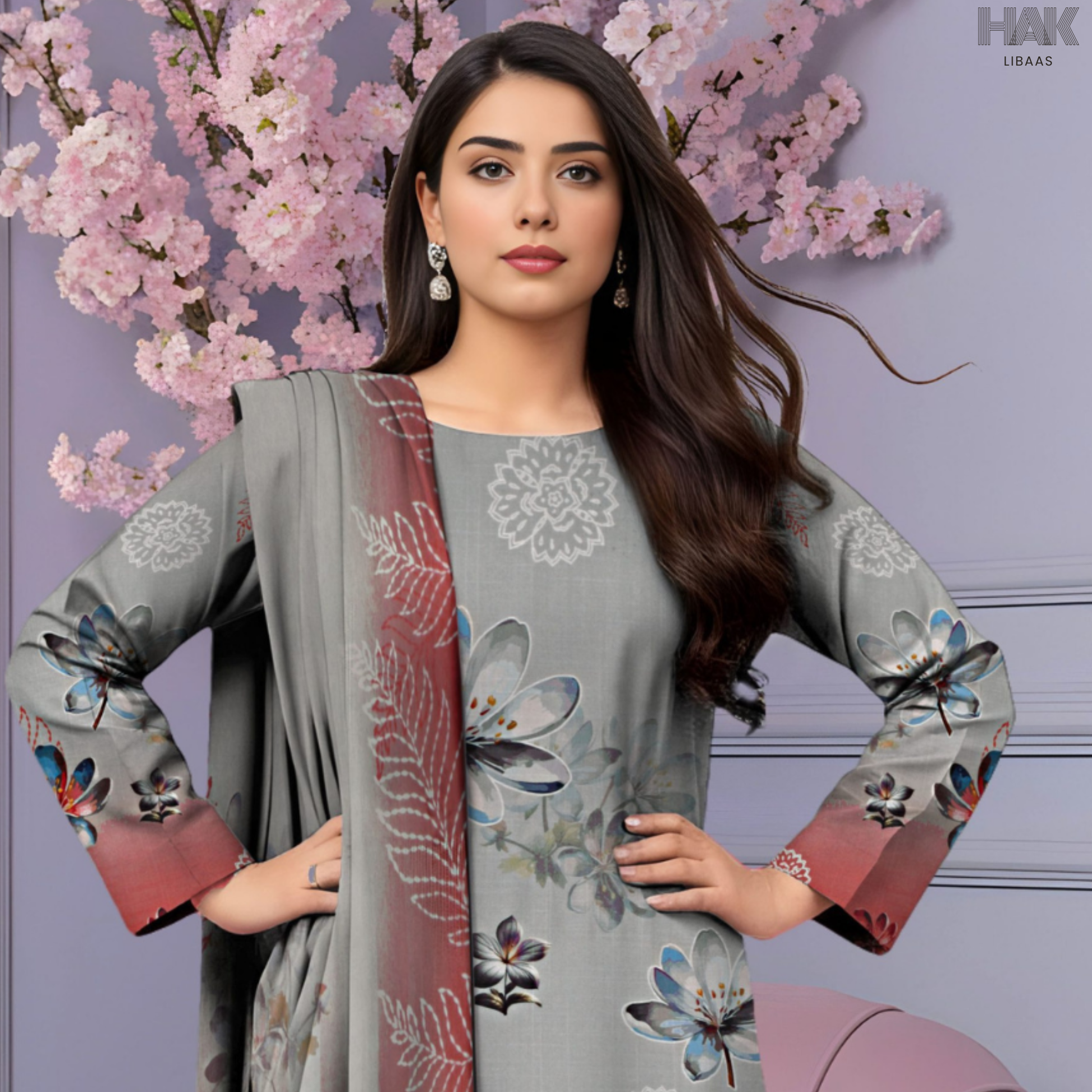 HAK Libaas Cross Slub Lawn Suit with Bamber Chiffon Dupatta HK-238H Pakistan