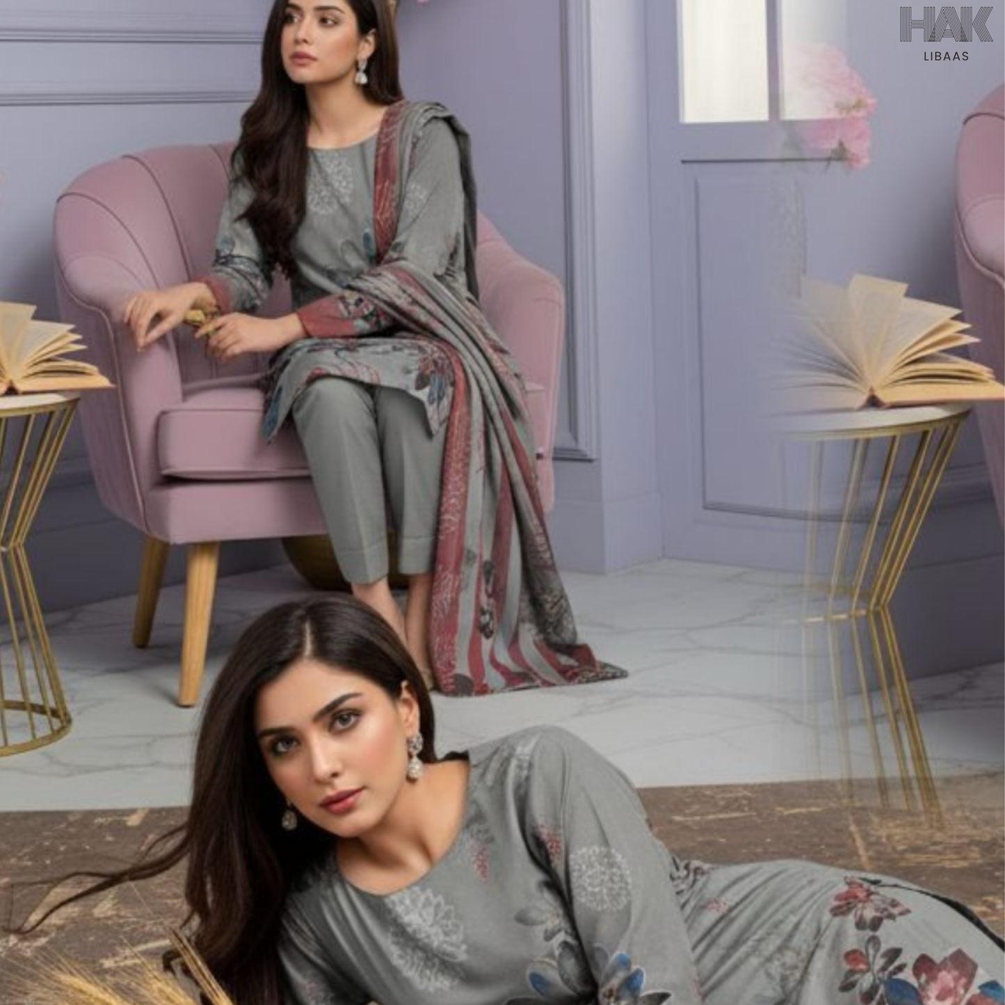 HAK Libaas Cross Slub Lawn Suit with Bamber Chiffon Dupatta HK-238H Pakistan