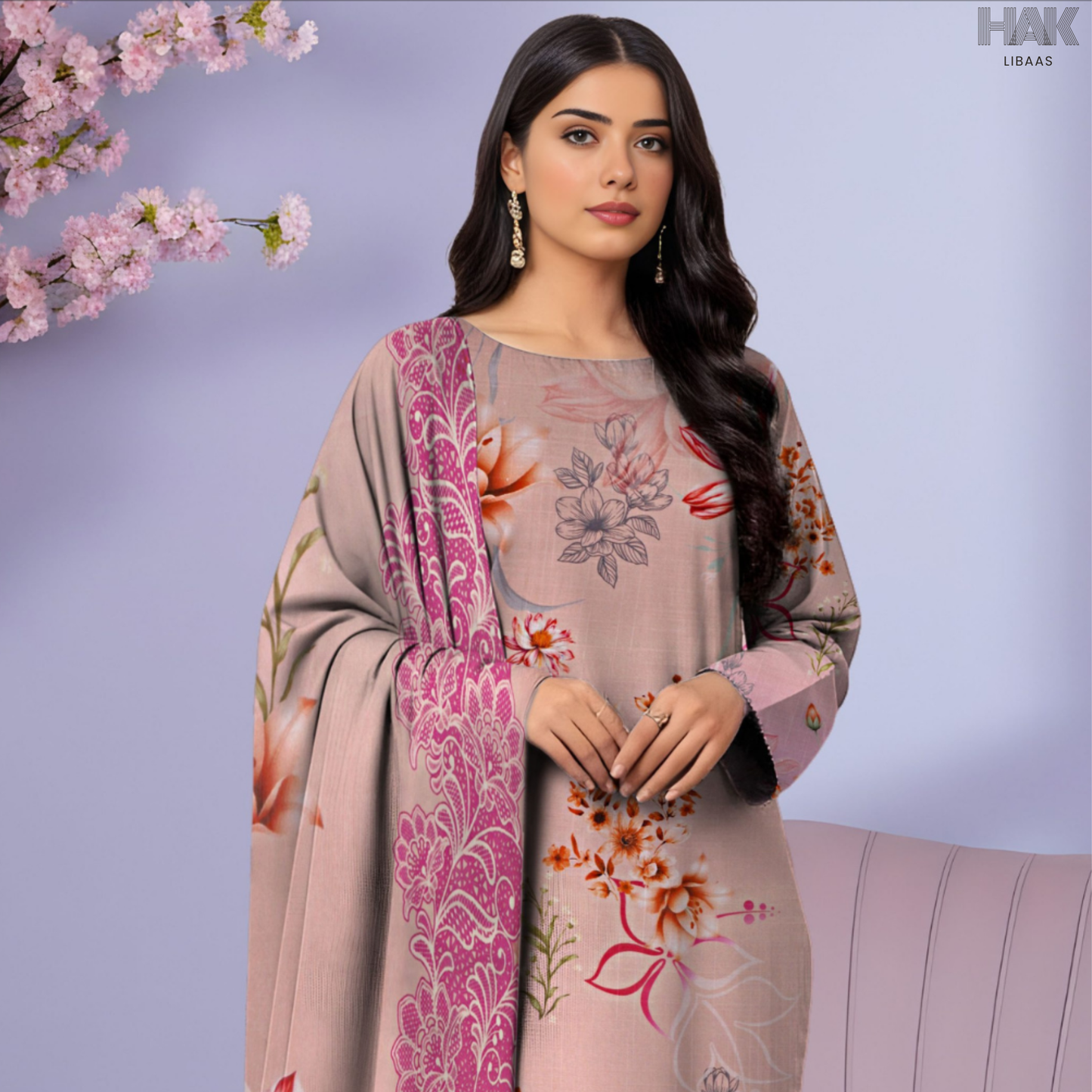 HAK Libaas Cross Slub Lawn Suit with Bamber Chiffon Dupatta HK-238J Pakistan