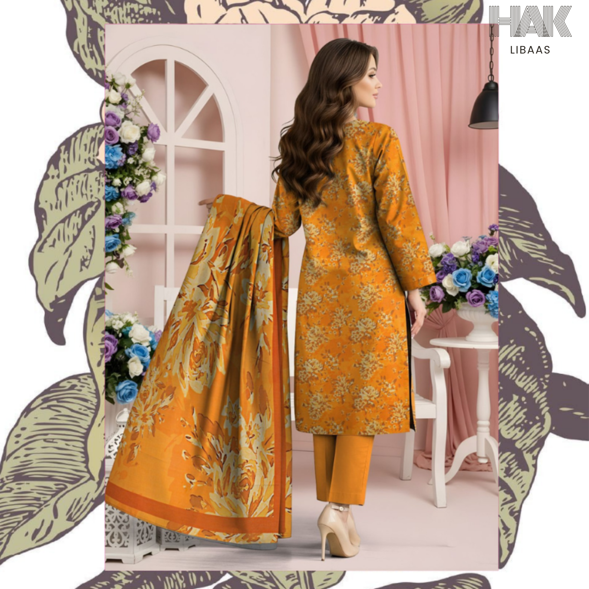 HAK Libaas Digital Printed Lawn Suit with Voile Dupatta HK-237C for Women Pakistan