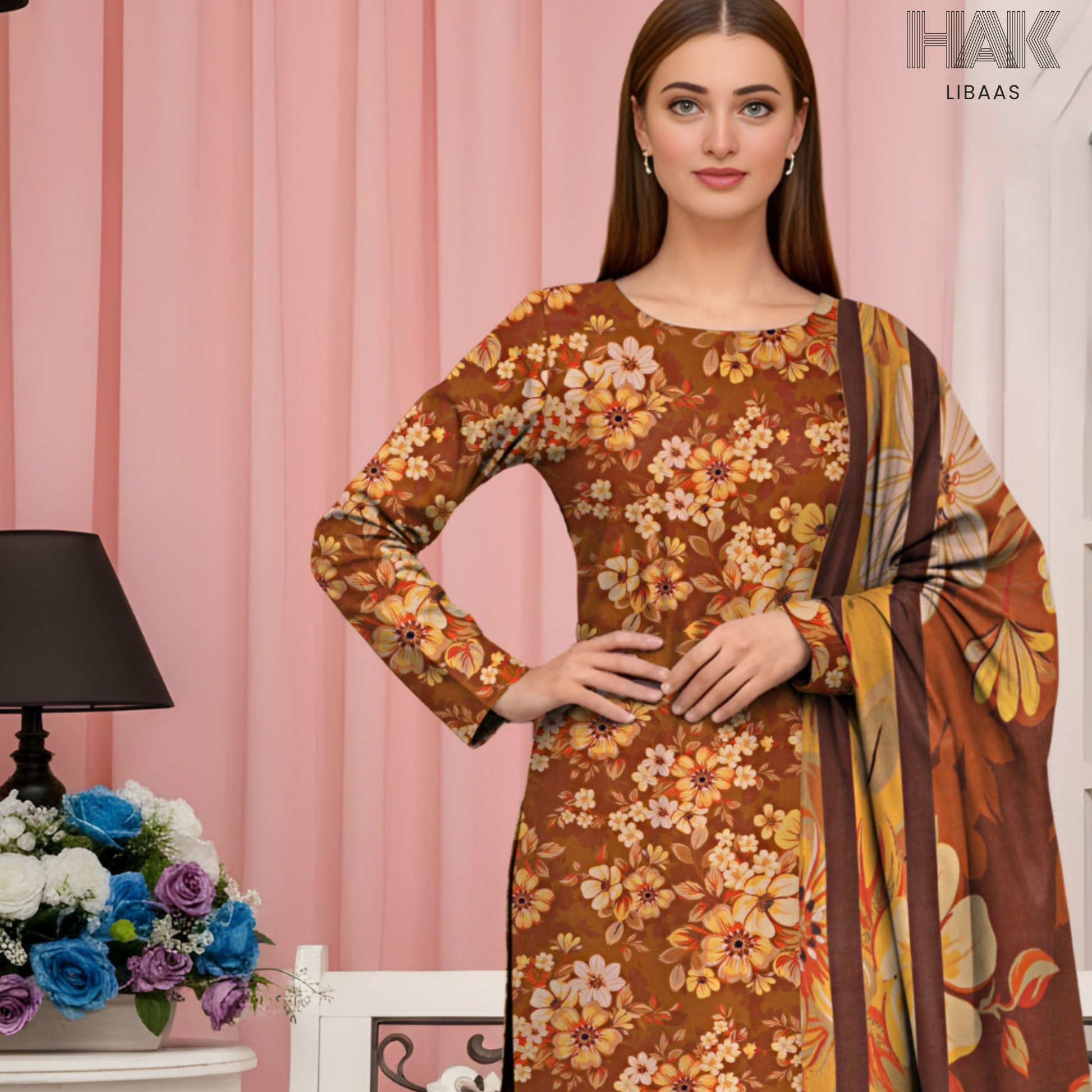 HAK Libaas Digital Printed Lawn Suit with Voile Dupatta HK-237G for Women Pakistan