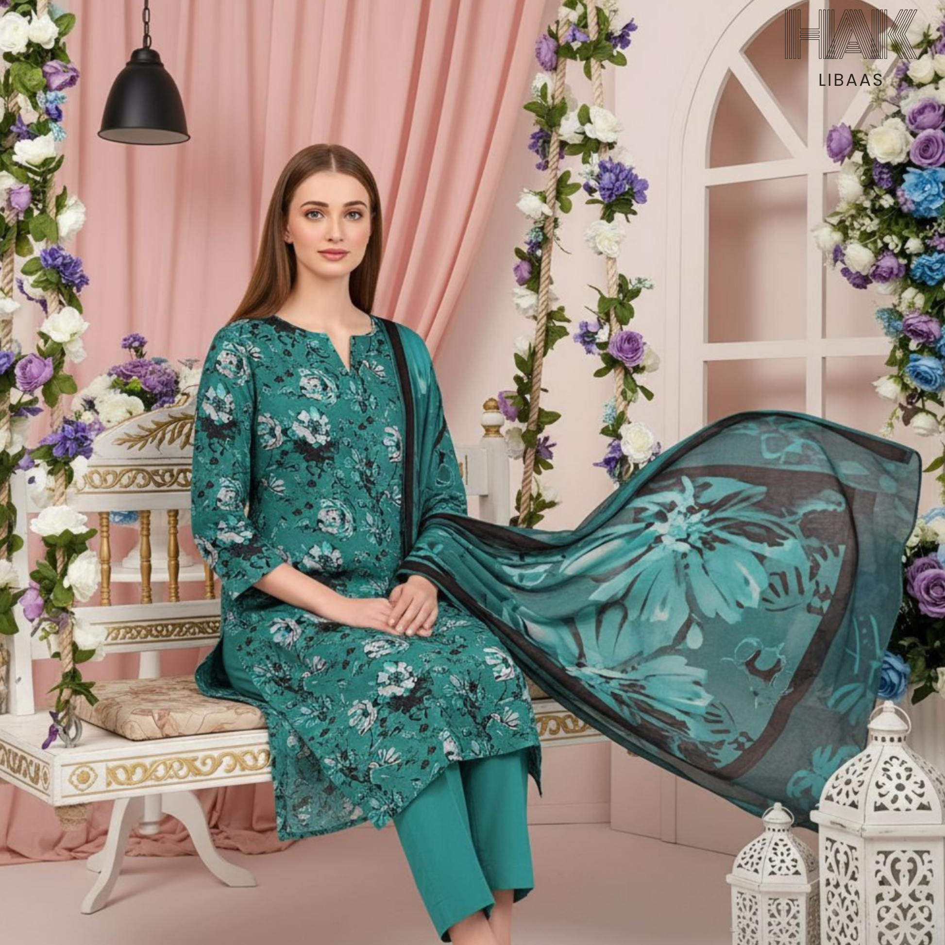 HAK Libaas Digital Printed Lawn Suit with Voile Dupatta HK-237H for Women Pakistan