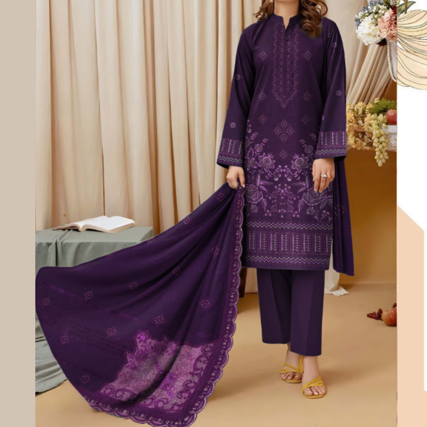 3-piece Dhanak suit with shirt, shawl & trouser by HAK Libaas