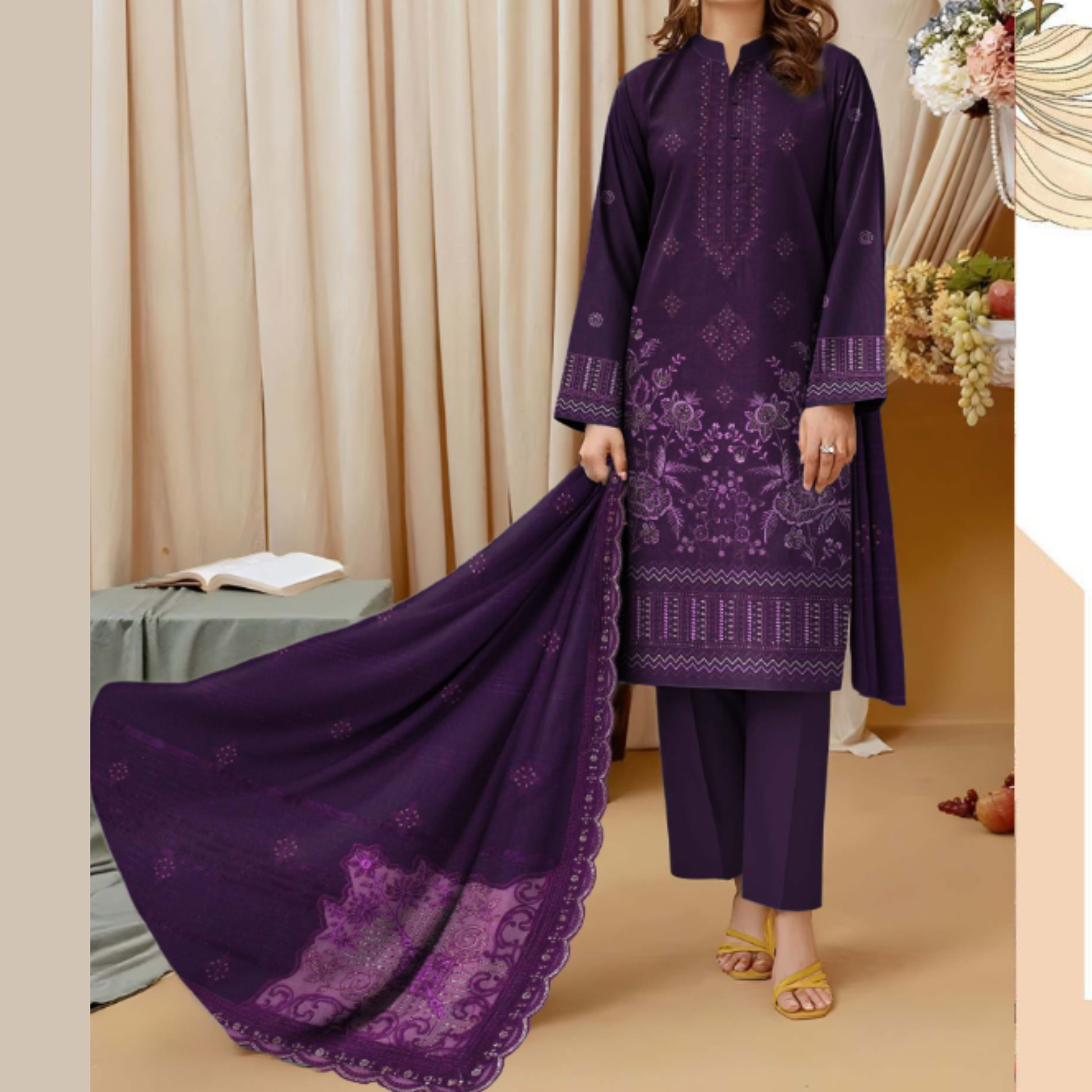 3-piece Dhanak suit with shirt, shawl & trouser by HAK Libaas