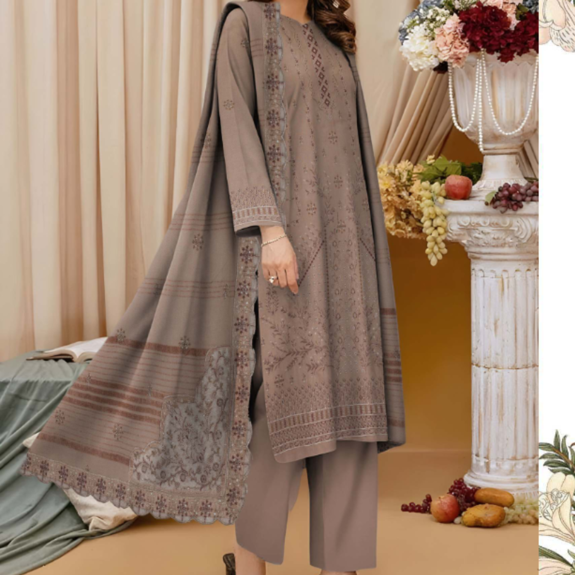 3-piece Dhanak suit with shirt, shawl & trouser by HAK Libaas