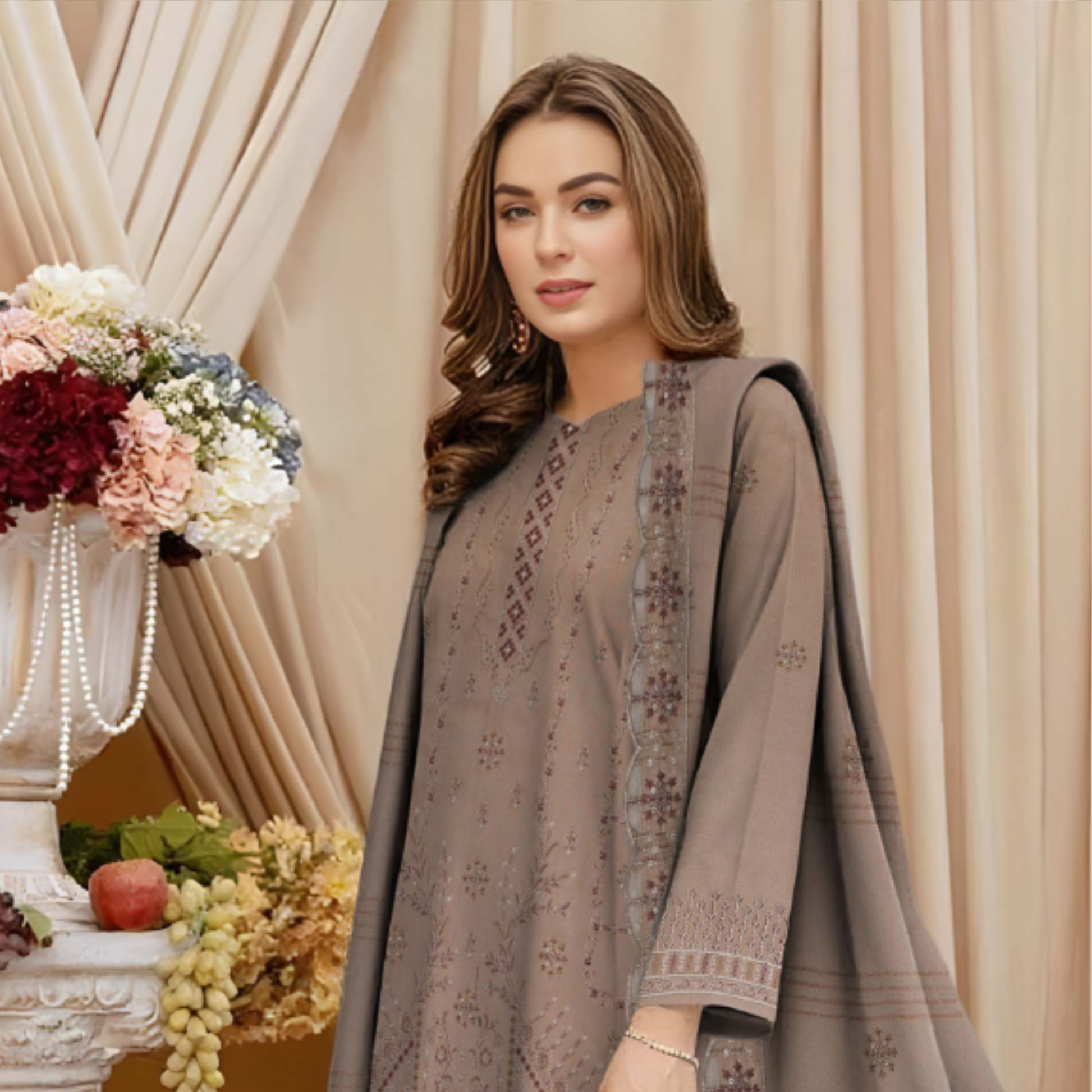 Front view of embroidered Dhanak shirt from HAK Libaas