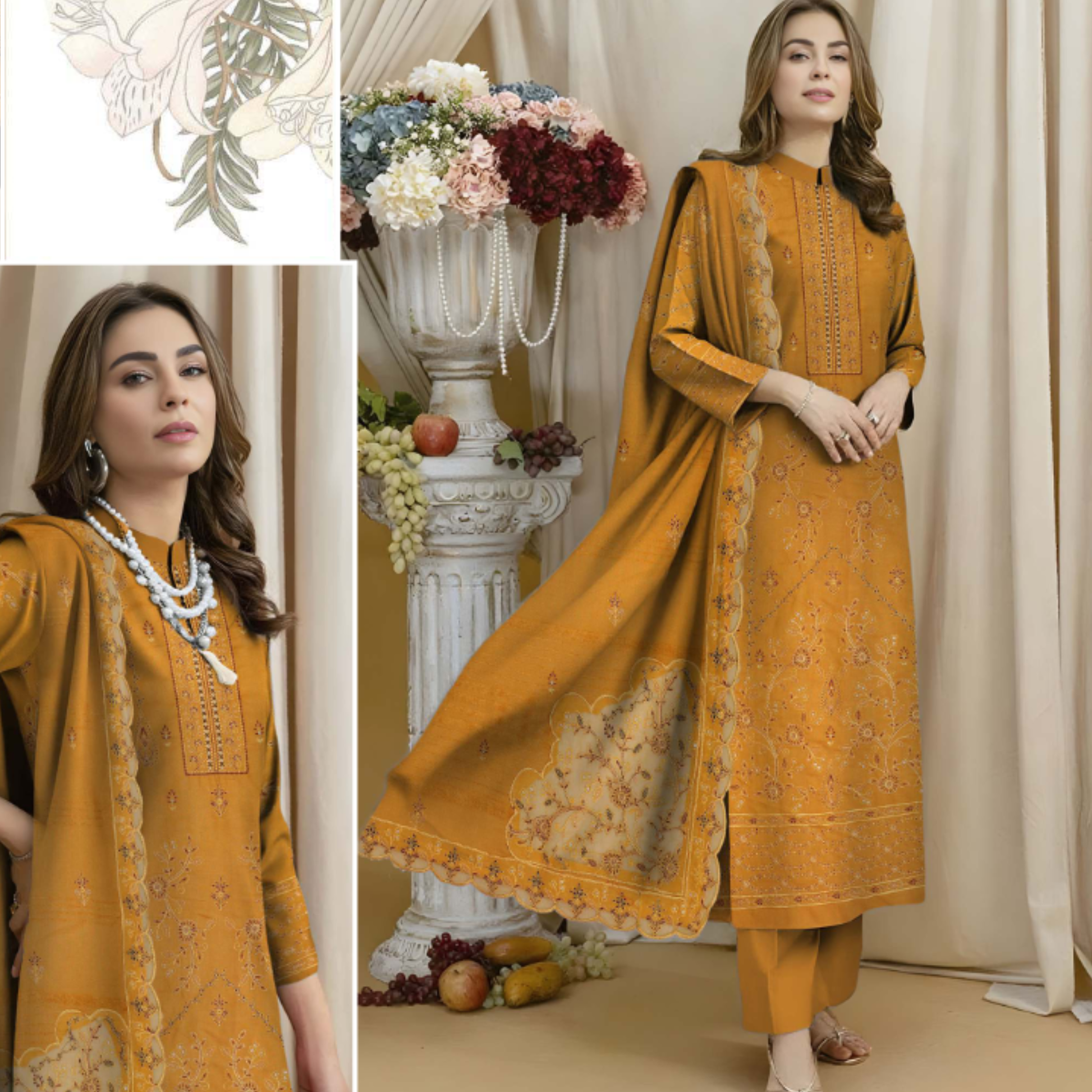3-piece Dhanak suit with shirt, shawl & trouser by HAK Libaas