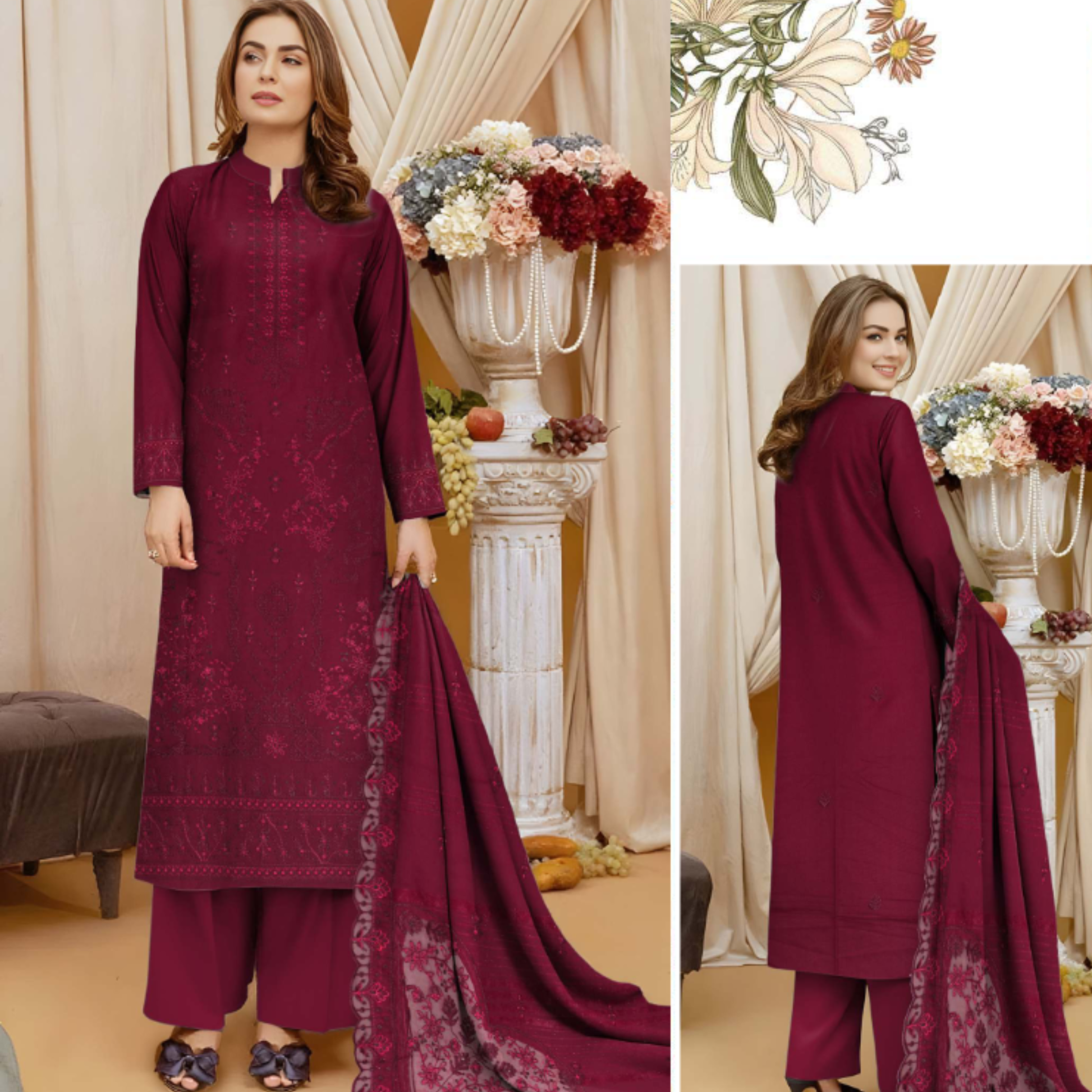 3-piece Dhanak suit with shirt, shawl & trouser by HAK Libaas