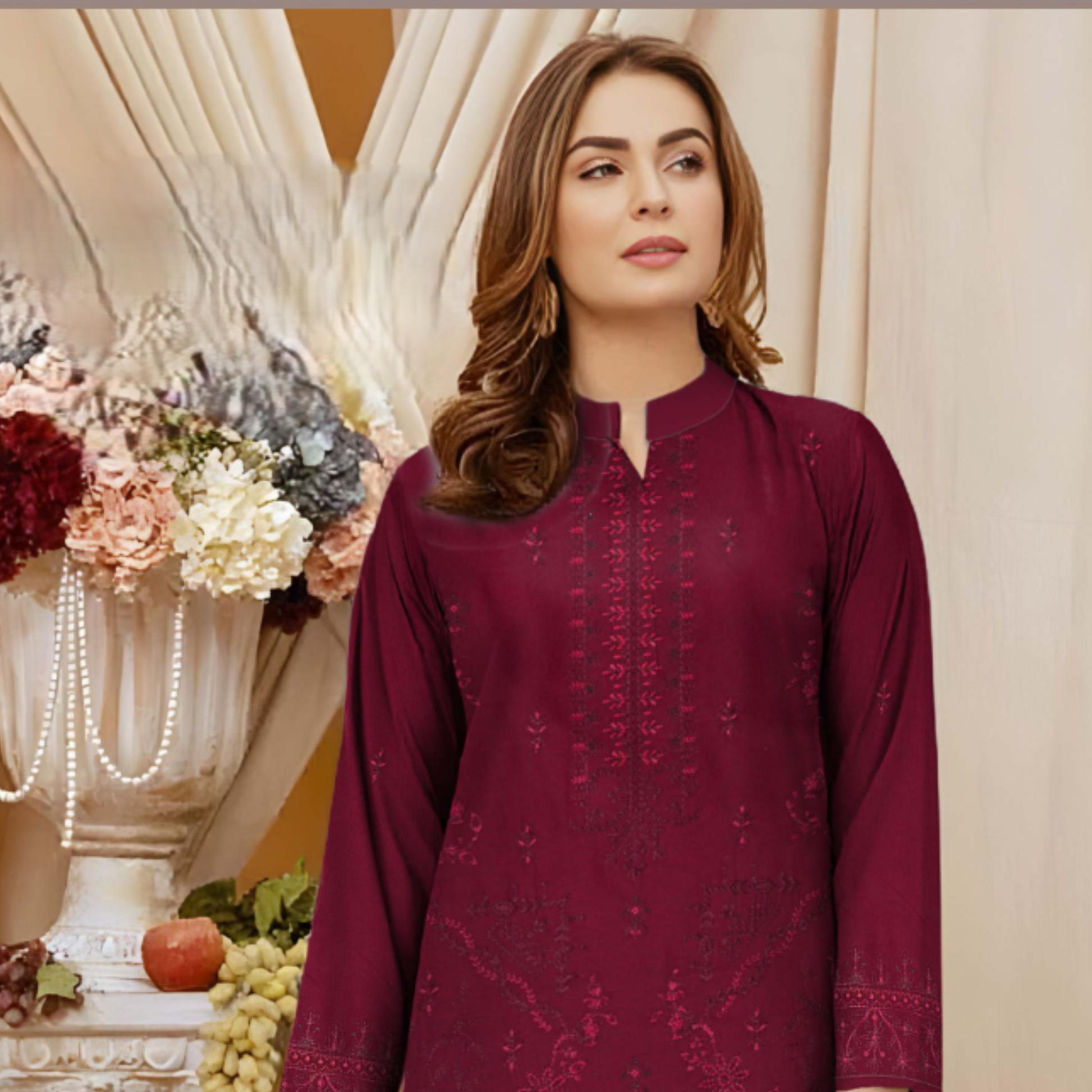 Front view of embroidered Dhanak shirt from HAK Libaas