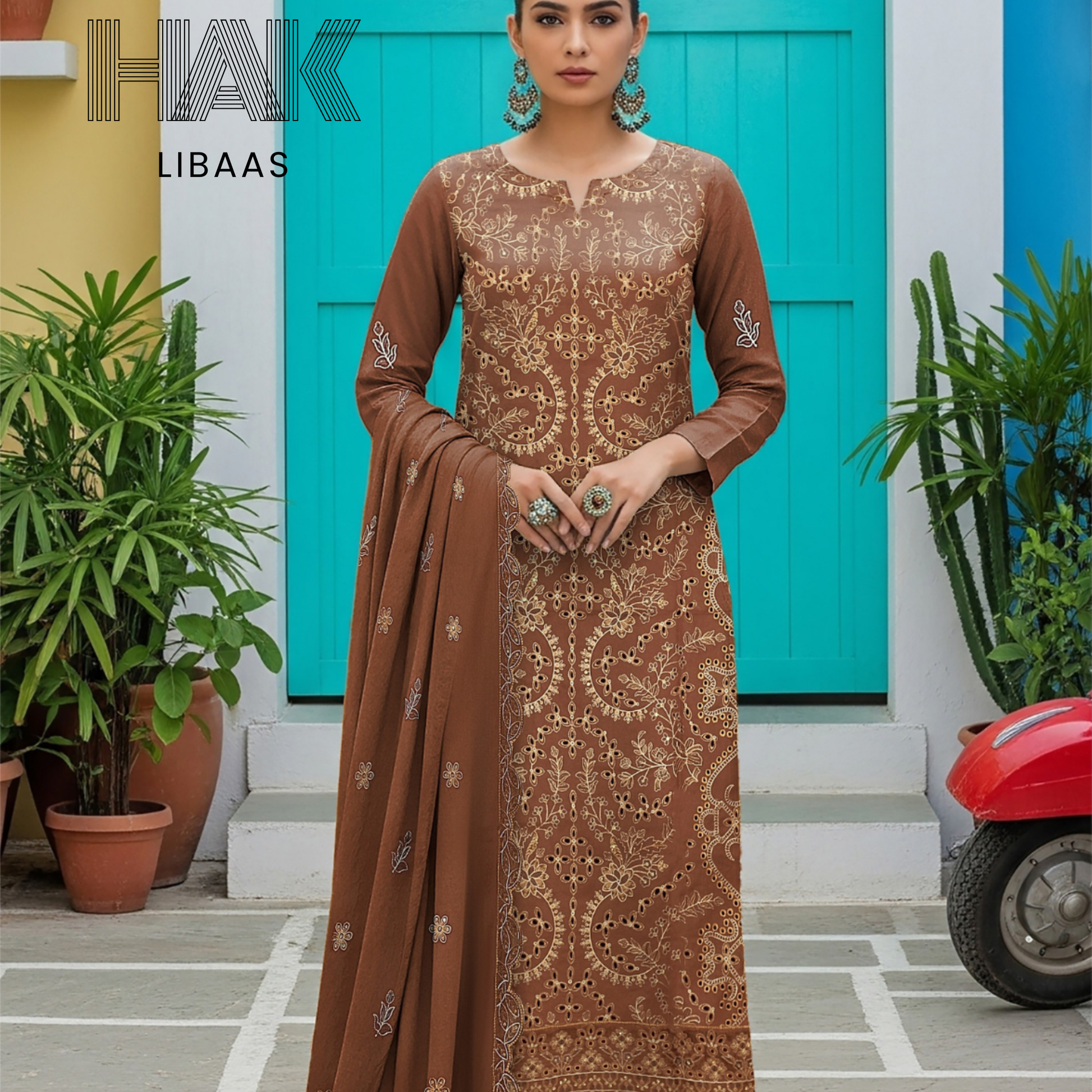 Peach Dhanak Embroidered 3 Piece Suit with Sequence & Laser Cut Lace by HAK Libaas - HF-206A