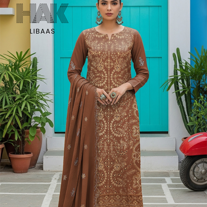 Peach Dhanak Embroidered 3 Piece Suit with Sequence & Laser Cut Lace by HAK Libaas - HF-206A