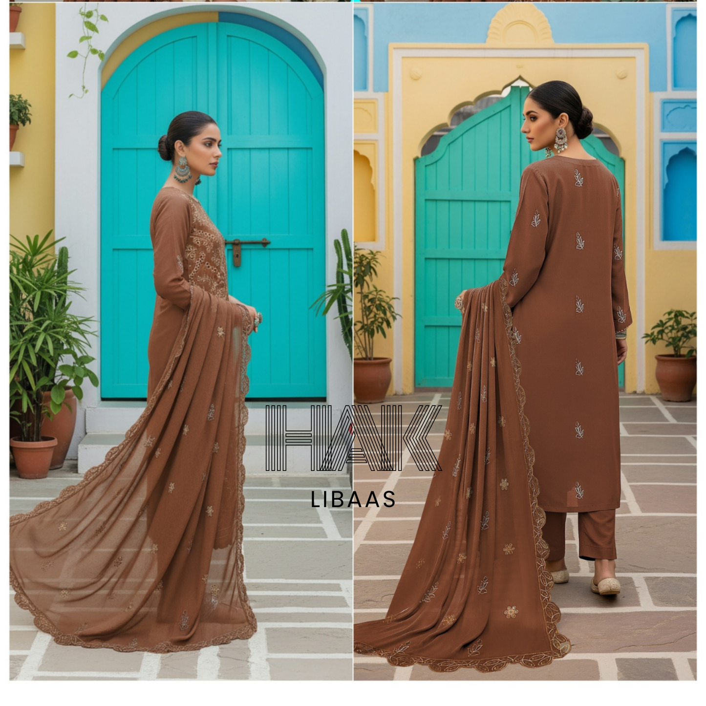 Peach Dhanak Embroidered 3 Piece Suit with Sequence & Laser Cut Lace by HAK Libaas - HF-206A