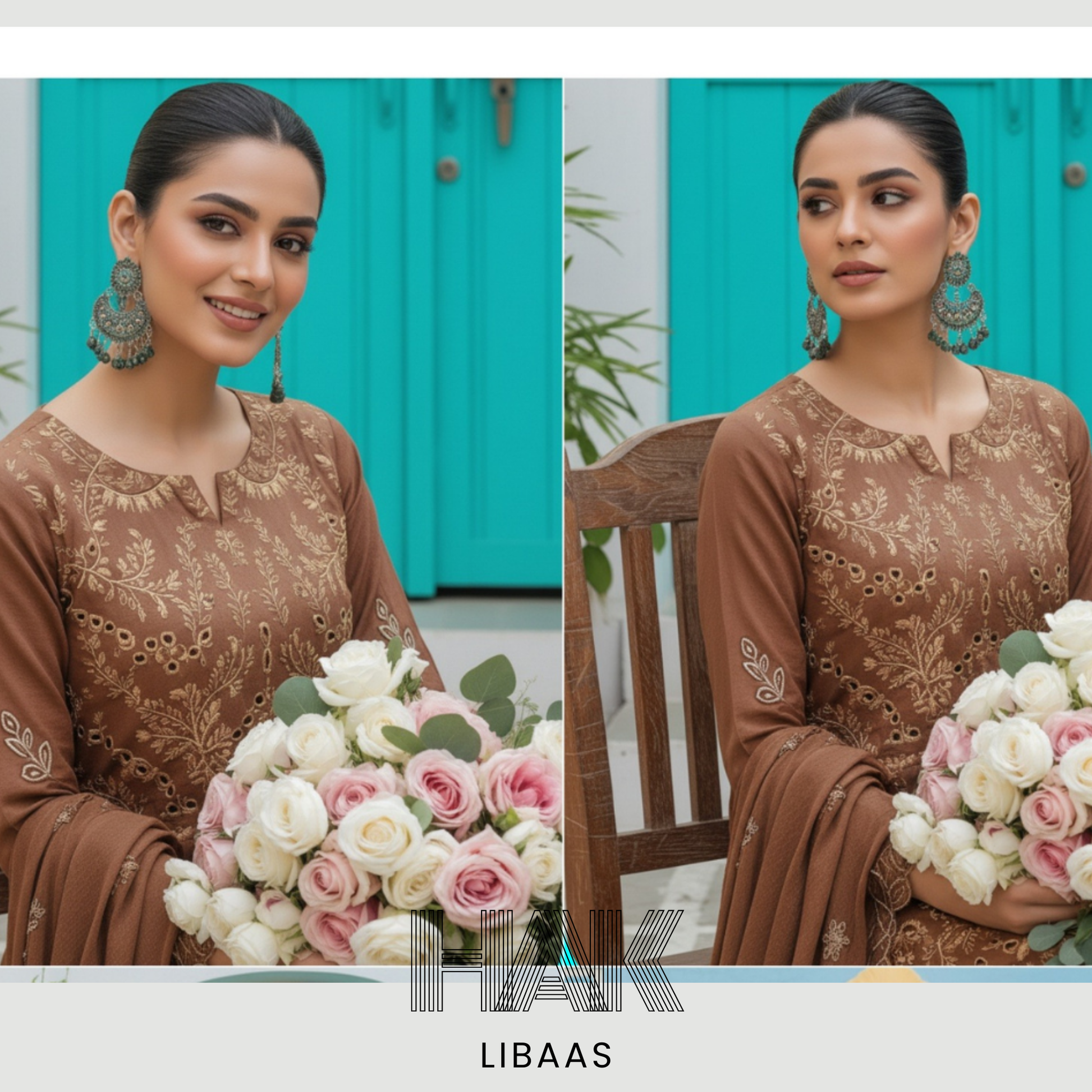 Peach Dhanak Embroidered 3 Piece Suit with Sequence & Laser Cut Lace by HAK Libaas - HF-206A