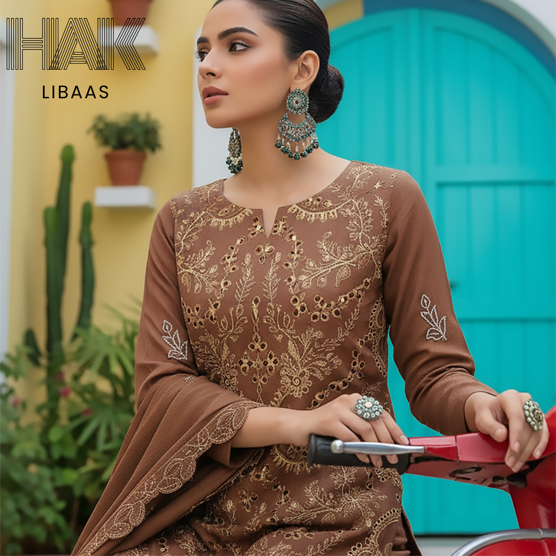 Peach Dhanak Embroidered 3 Piece Suit with Sequence & Laser Cut Lace by HAK Libaas - HF-206A