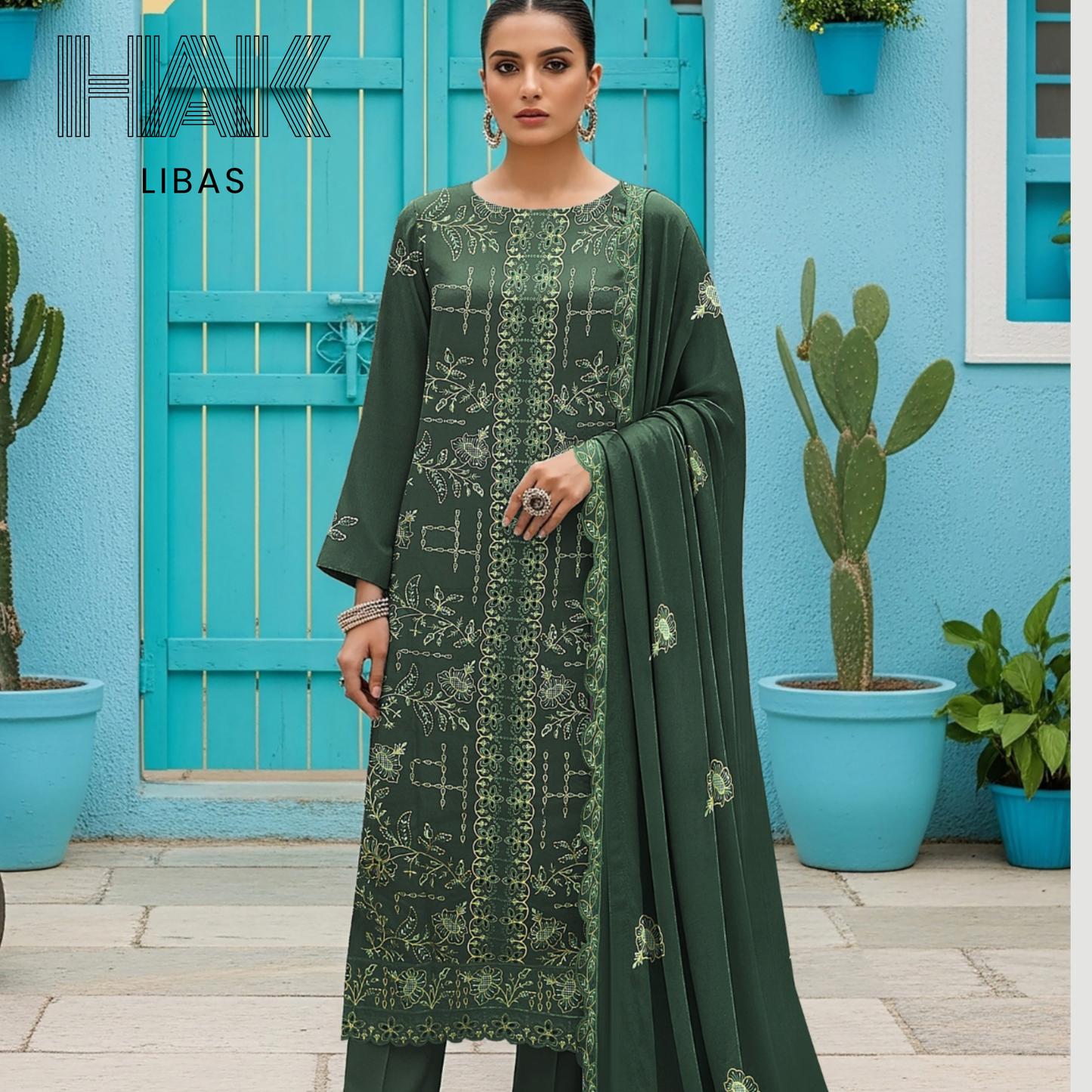 Peach Dhanak Embroidered 3 Piece Suit with Sequence & Laser Cut Lace by HAK Libaas - HF-206B