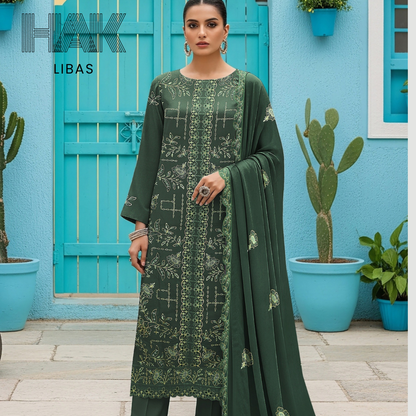 Peach Dhanak Embroidered 3 Piece Suit with Sequence & Laser Cut Lace by HAK Libaas - HF-206B