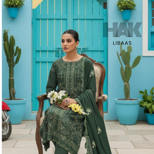 Peach Dhanak Embroidered 3 Piece Suit with Sequence & Laser Cut Lace by HAK Libaas - HF-206B