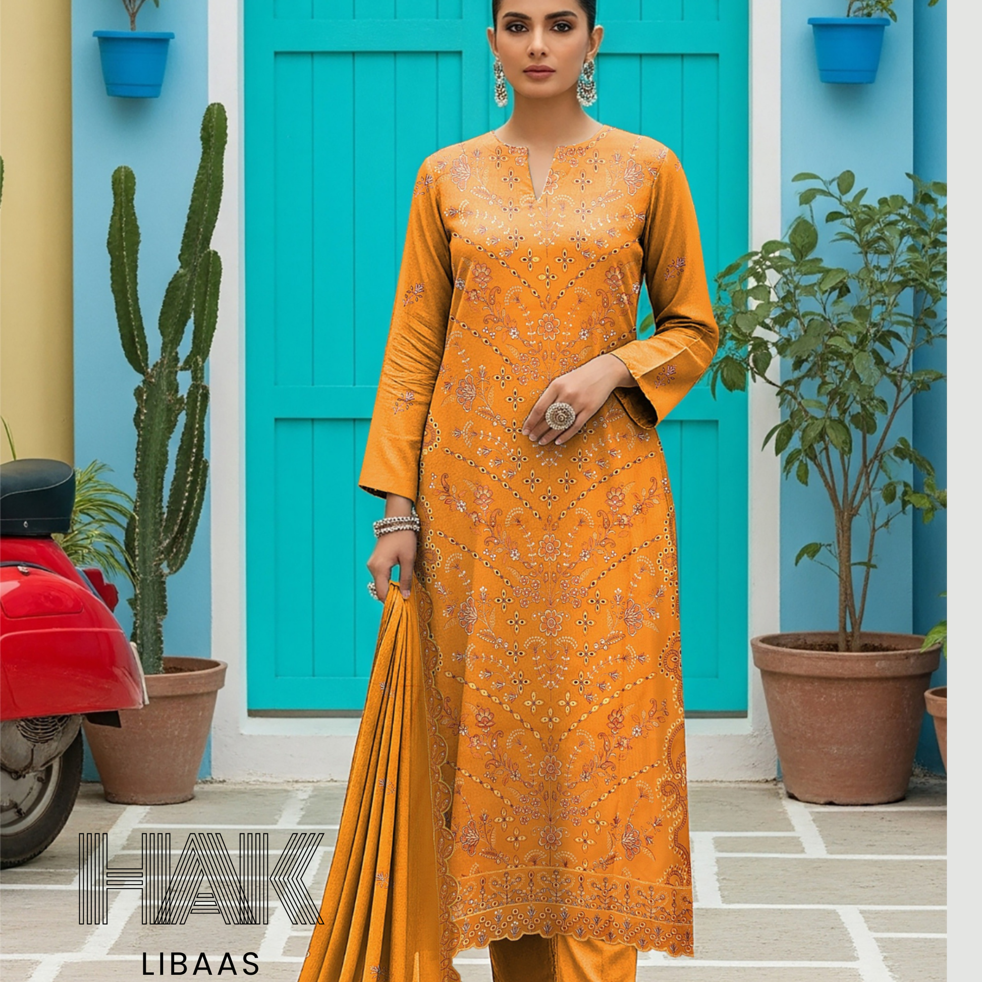 Peach Dhanak Embroidered 3 Piece Suit with Sequence & Laser Cut Lace by HAK Libaas - HF-206C