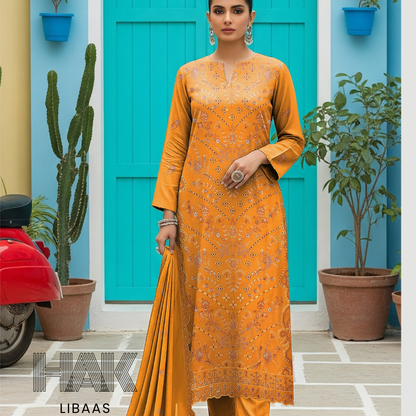 Peach Dhanak Embroidered 3 Piece Suit with Sequence & Laser Cut Lace by HAK Libaas - HF-206C