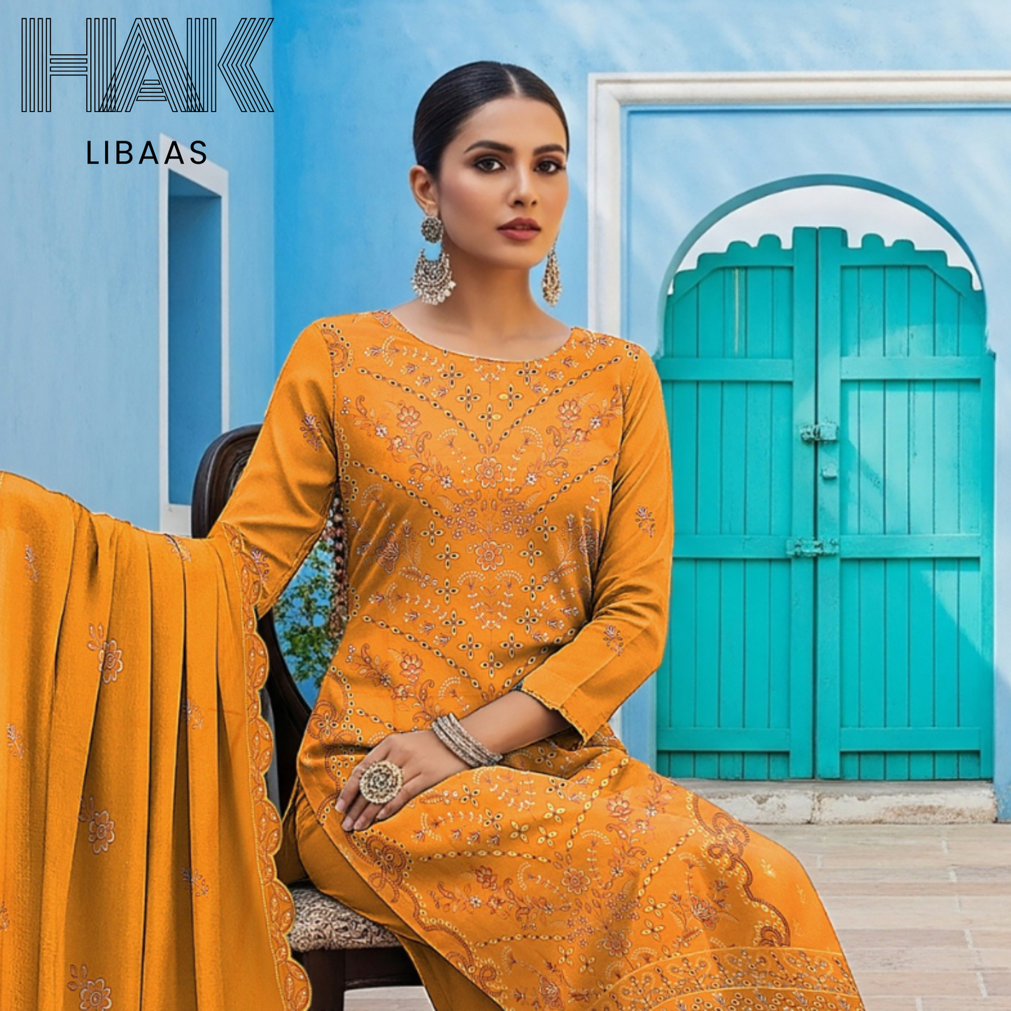 Peach Dhanak Embroidered 3 Piece Suit with Sequence & Laser Cut Lace by HAK Libaas - HF-206C