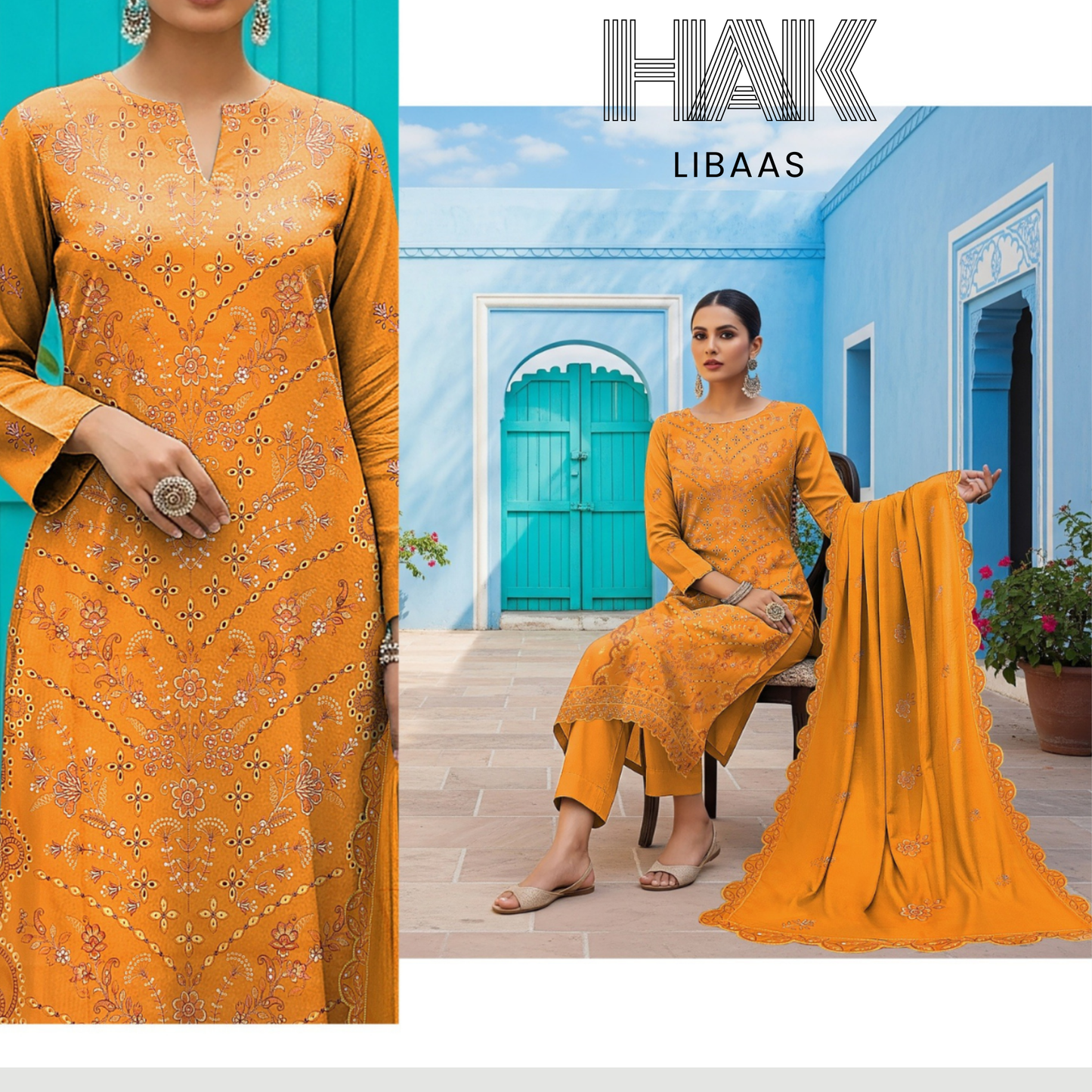 Peach Dhanak Embroidered 3 Piece Suit with Sequence & Laser Cut Lace by HAK Libaas - HF-206C