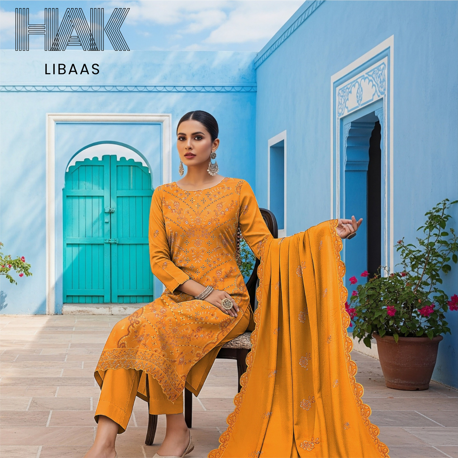 Peach Dhanak Embroidered 3 Piece Suit with Sequence & Laser Cut Lace by HAK Libaas - HF-206C
