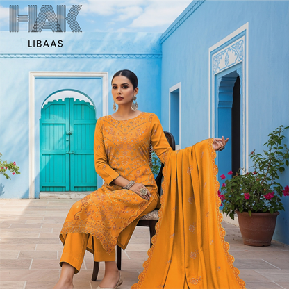 Peach Dhanak Embroidered 3 Piece Suit with Sequence & Laser Cut Lace by HAK Libaas - HF-206C