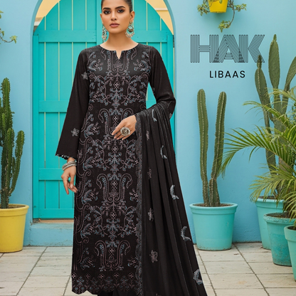 Peach Dhanak Embroidered 3 Piece Suit with Sequence & Laser Cut Lace by HAK Libaas - HF-206D
