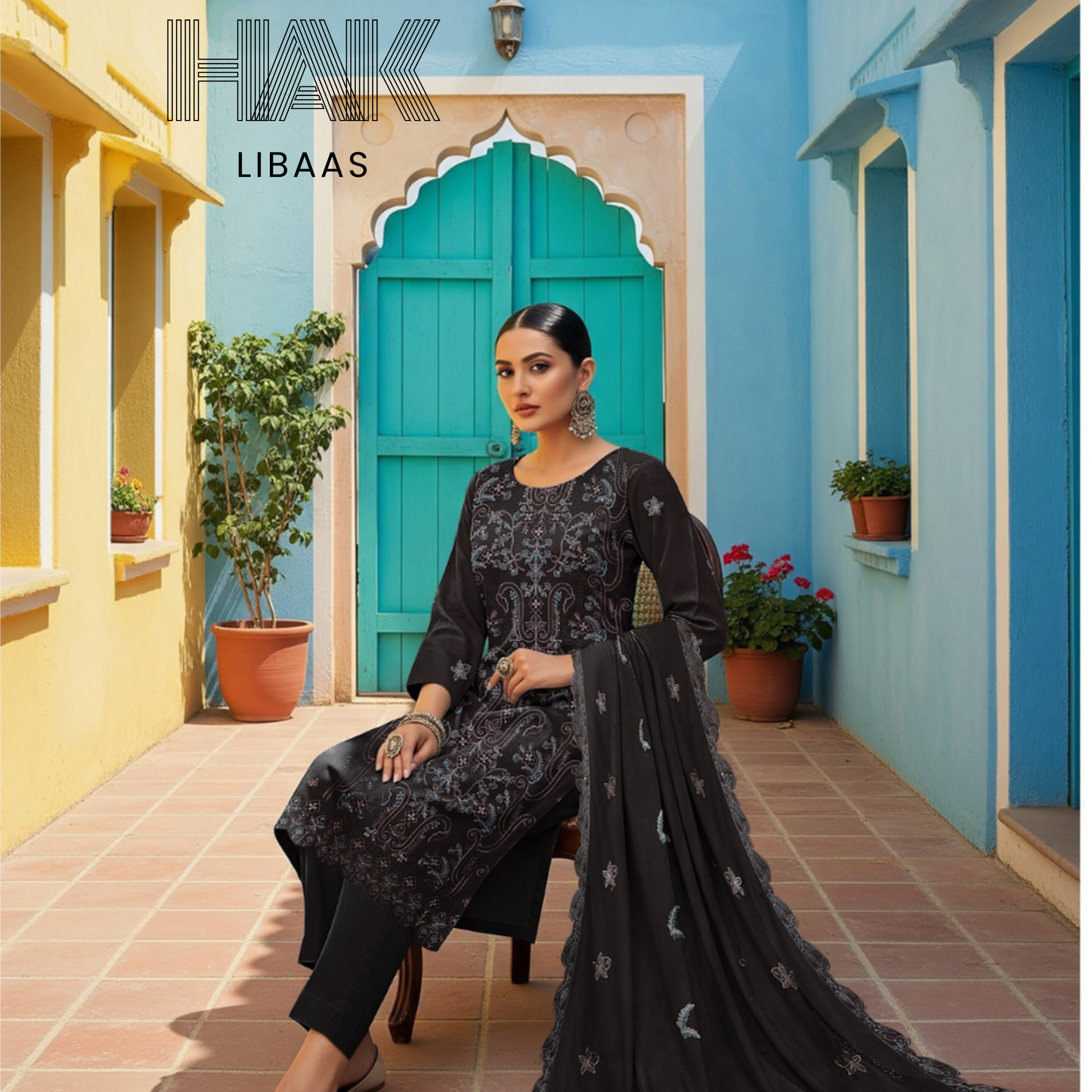 Peach Dhanak Embroidered 3 Piece Suit with Sequence & Laser Cut Lace by HAK Libaas - HF-206D