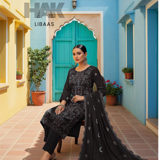 Peach Dhanak Embroidered 3 Piece Suit with Sequence & Laser Cut Lace by HAK Libaas - HF-206D