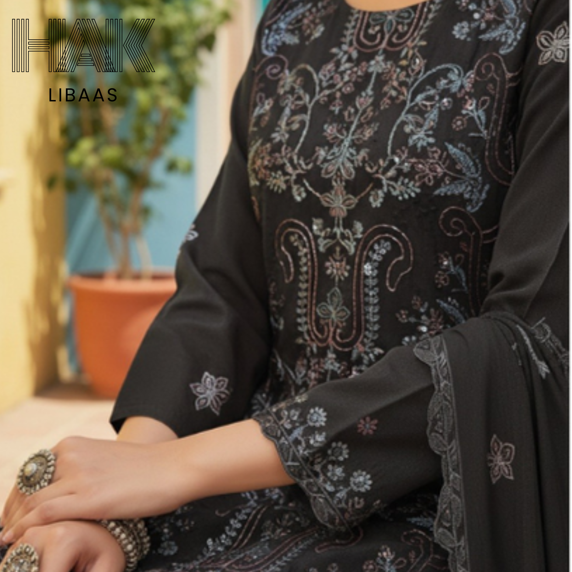 Peach Dhanak Embroidered 3 Piece Suit with Sequence & Laser Cut Lace by HAK Libaas - HF-206D