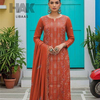 Peach Dhanak Embroidered 3 Piece Suit with Sequence & Laser Cut Lace by HAK Libaas - HF-206E